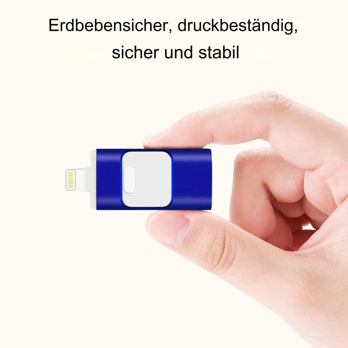 Eine Hand, die einen blau-weißen USB-Stick hält. Der Text oben lautet: 'Erdbebensicher, druckbeständig, sicher und stabil'.
