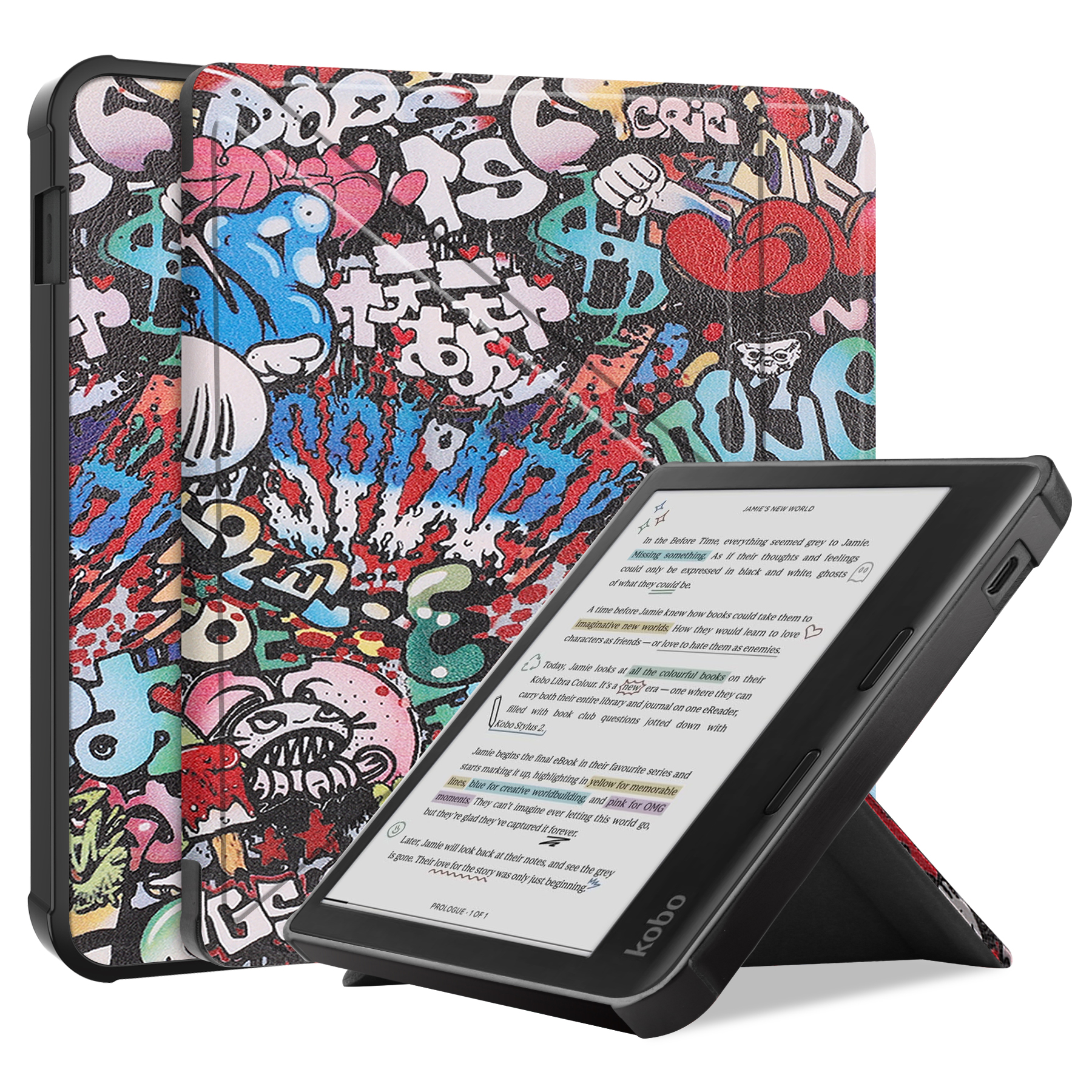 Kobo E-Reader mit Graffiti-Cover auf weißer Oberfläche.