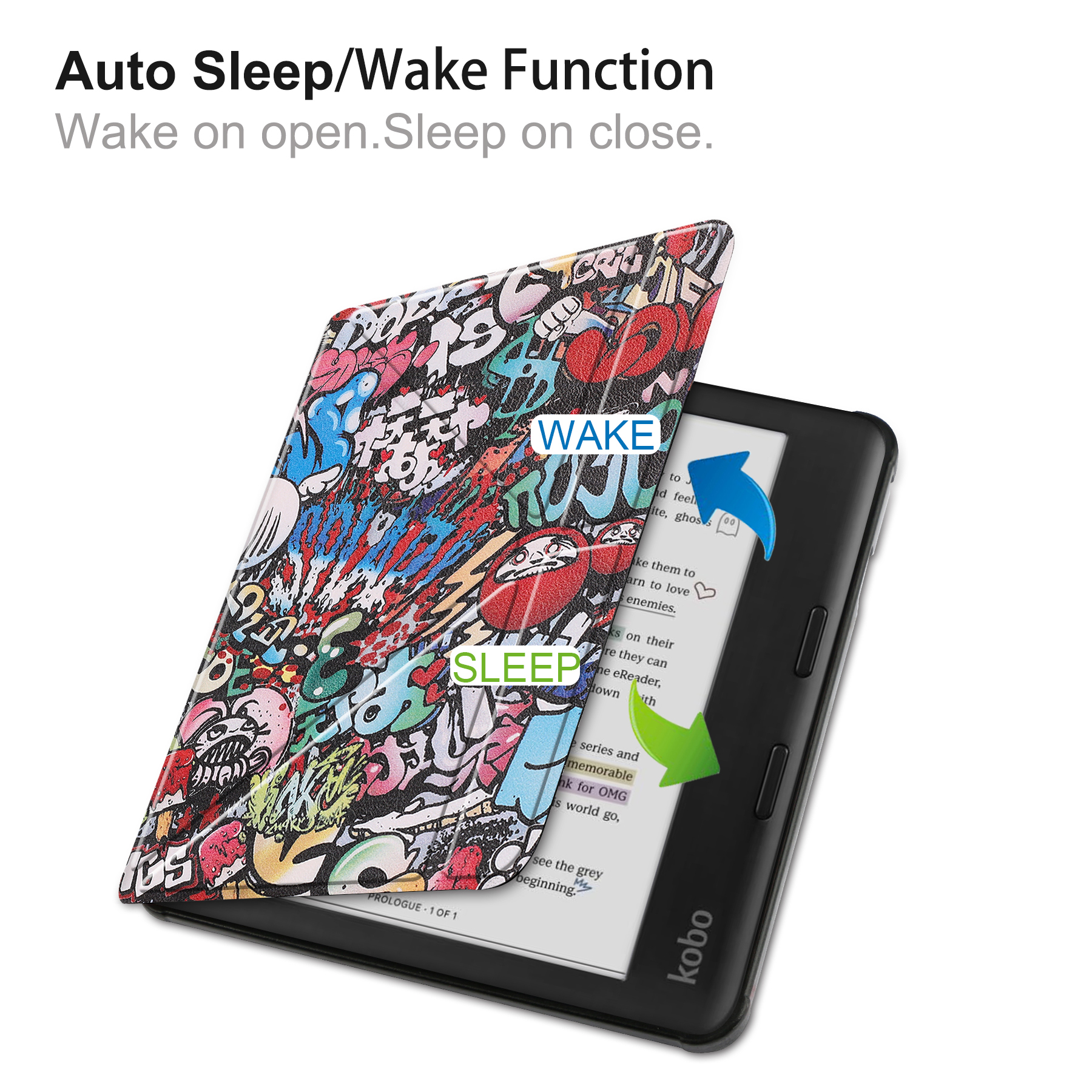 E-Reader geöffnet, zeigt Graffiti-Cover und Text, mit Schlaf-/Weckfunktion-Labels.