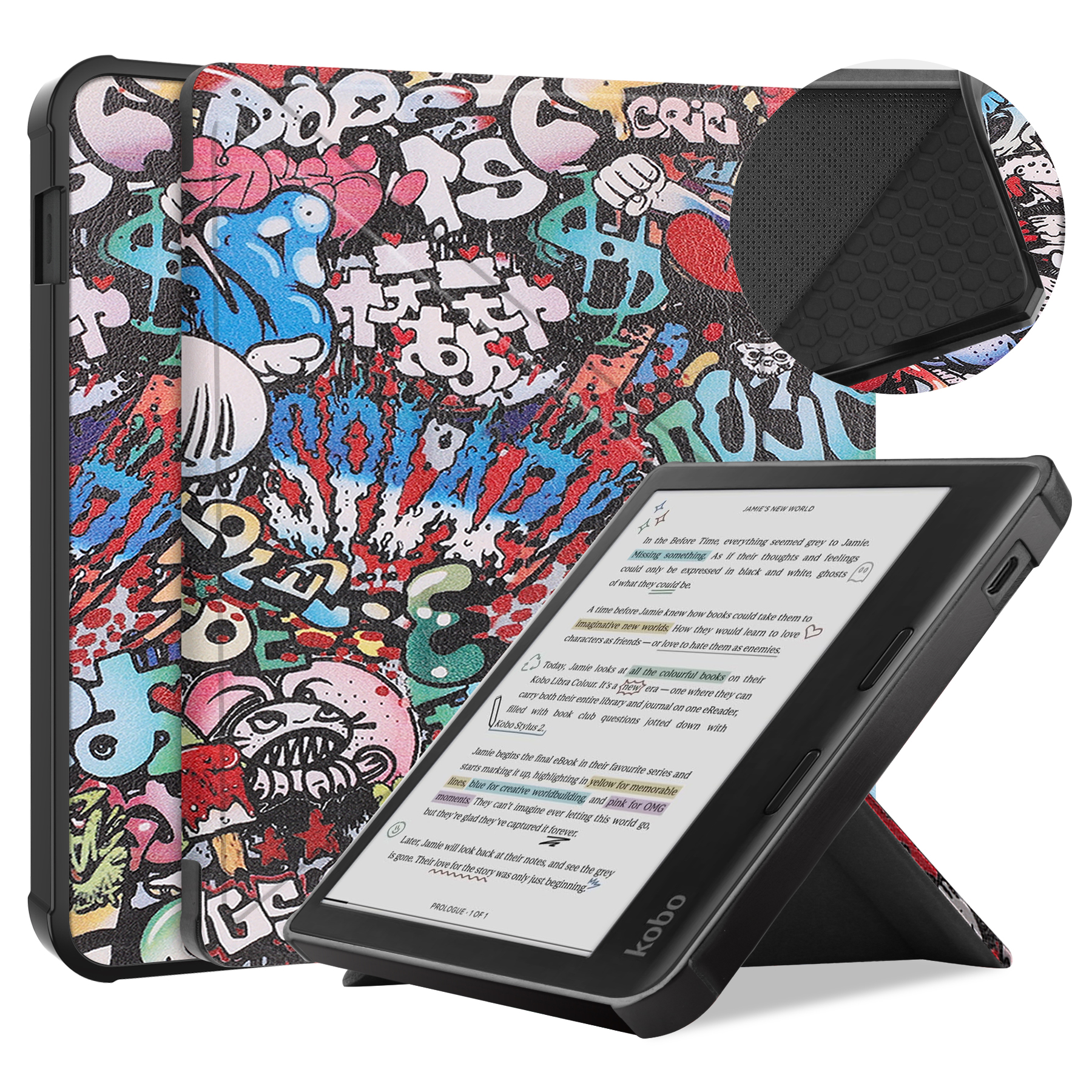 Ein Kobo E-Reader in einem bunten, mit Graffiti bedeckten Gehäuse, mit Text und Markierungen auf dem Bildschirm.
