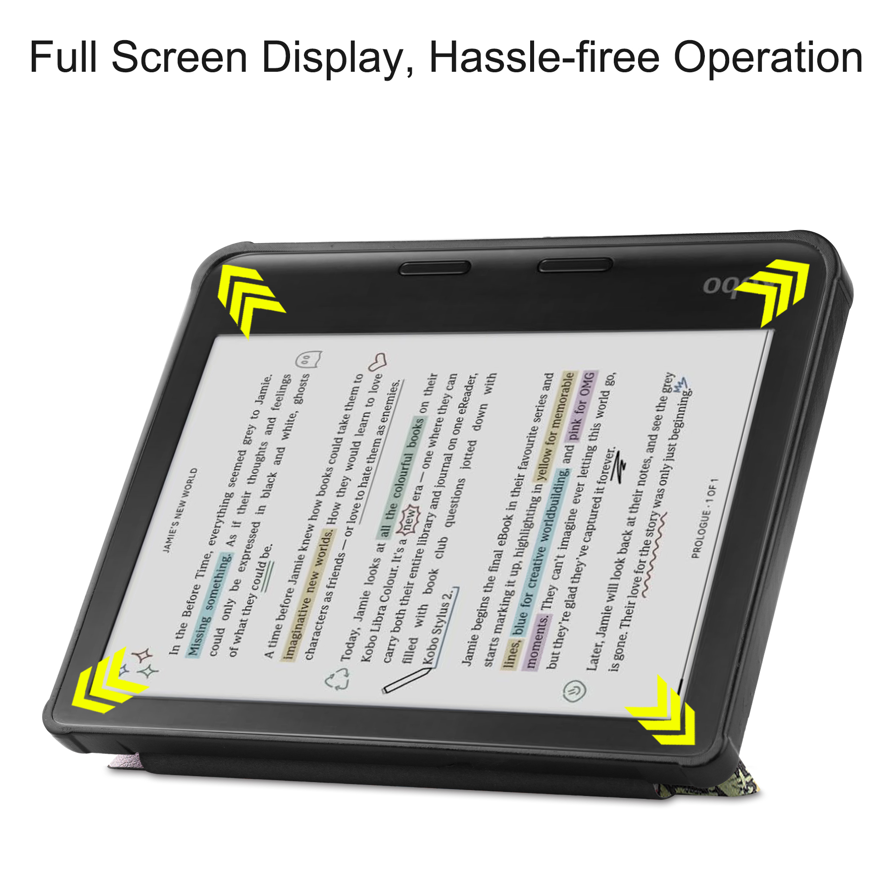 E-Reader zeigt Text eines Buches mit Pfeilen in den Ecken.