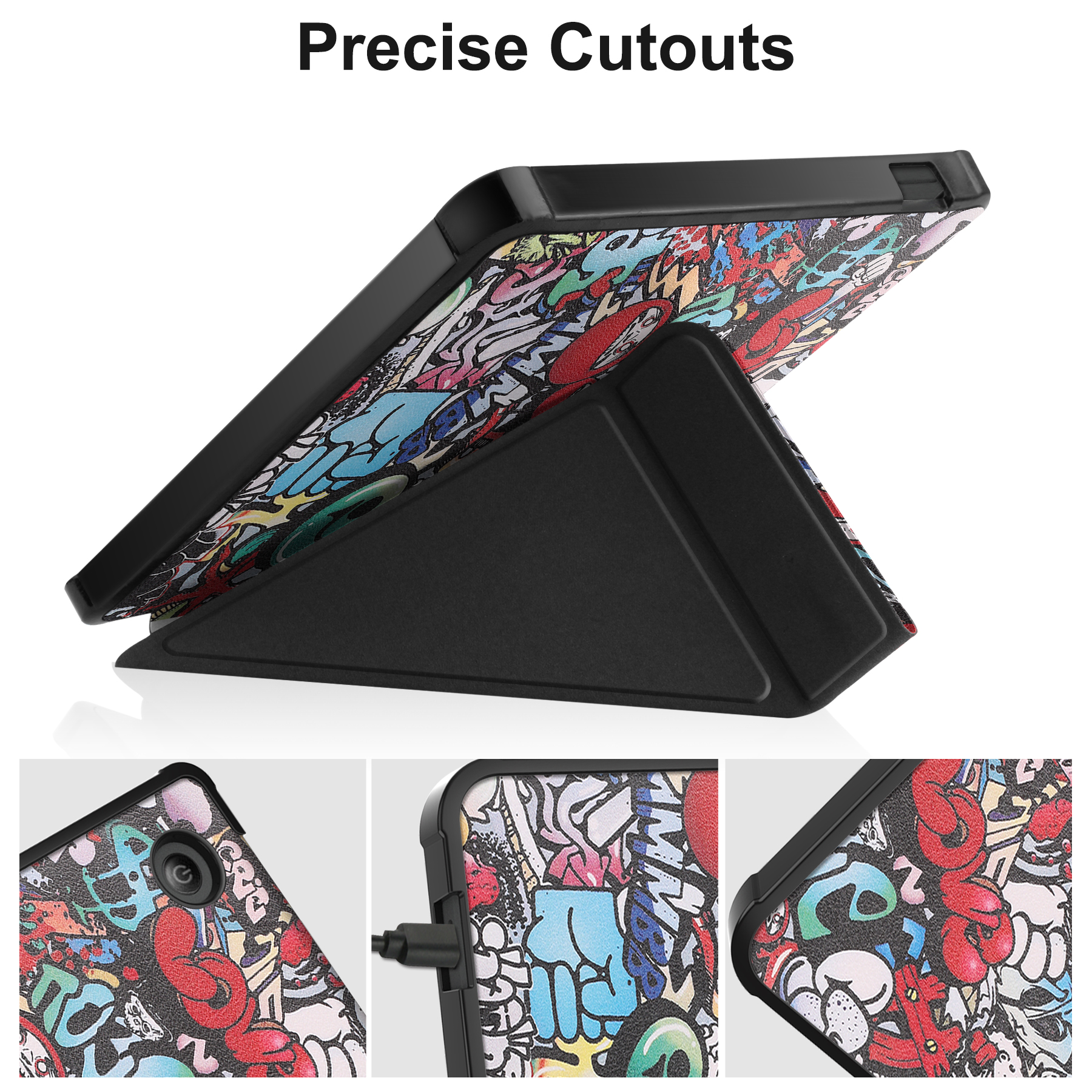 Tablet in einem Gehäuse, aufgestellt. Graffiti-Kunst auf der Rückseite, mit Nahaufnahmen von Details.