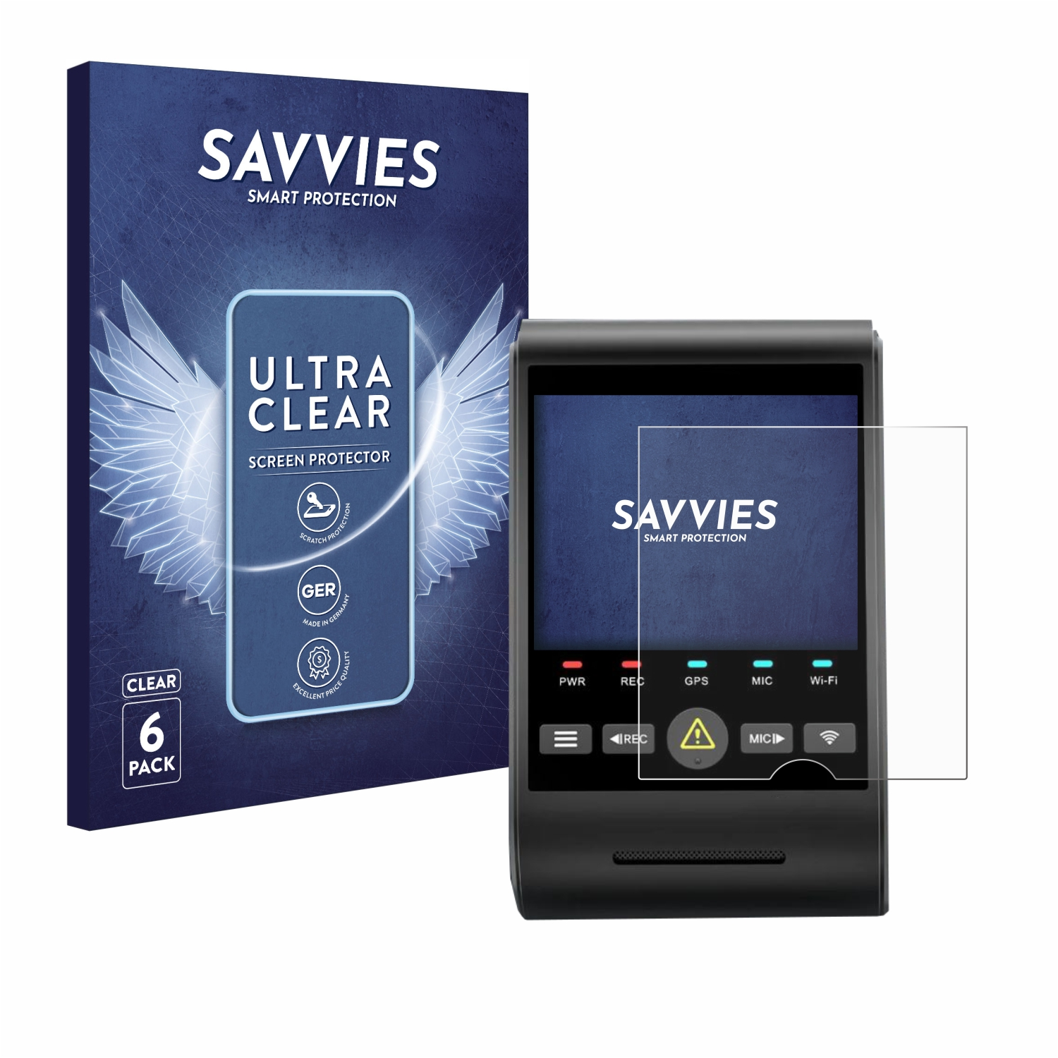 Dashcam-Displayschutz mit Dashcam und einer Box mit Markenname und Logo.