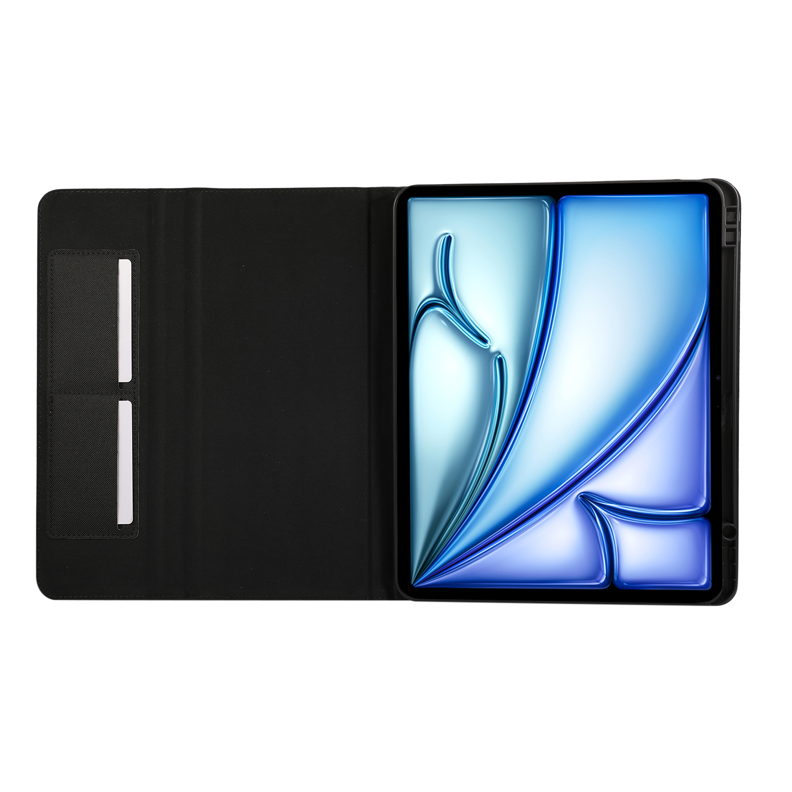 Schwarze Tablet-Hülle offen, mit blauem und weißem abstraktem Hintergrund. Text: Auto Sleep/Wake-Funktion, Aufwachen beim Öffnen.