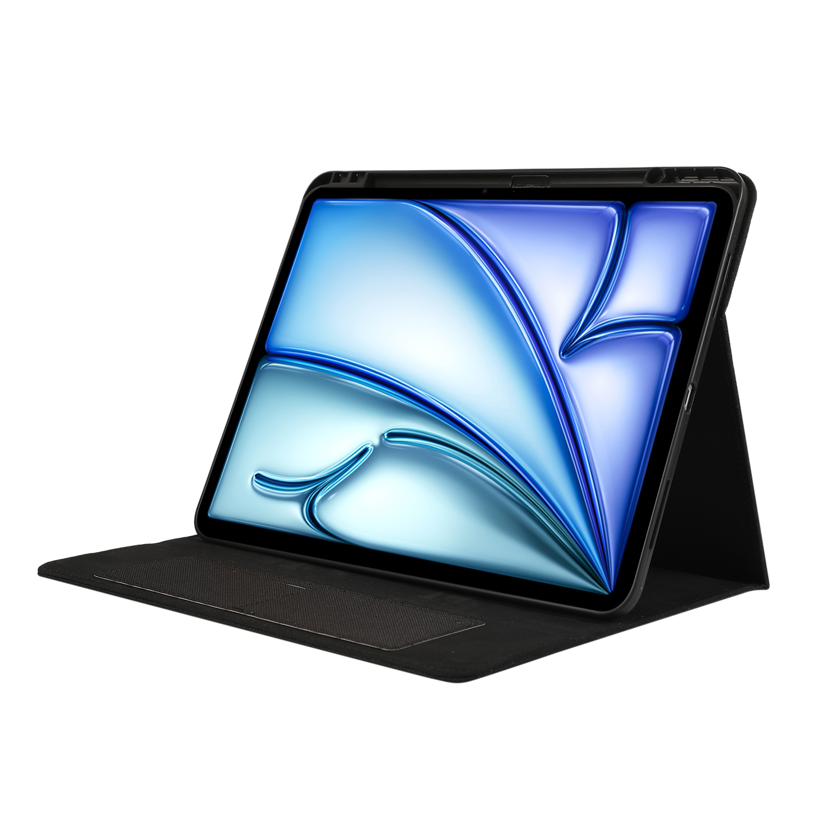 Tablet in einem schwarzen Gehäuse. Der Bildschirm ist eingeschaltet und zeigt ein blaues und weißes Muster.