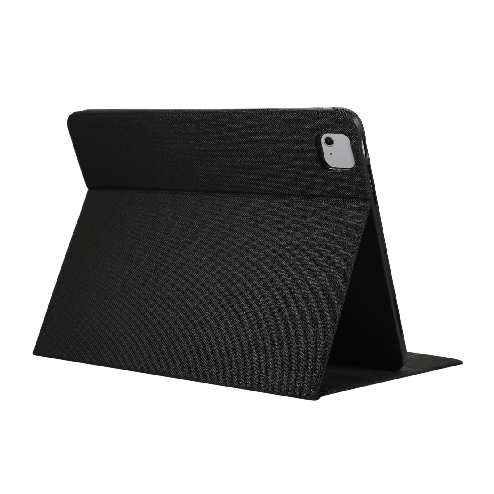 Schwarze Tablethülle, schräg geöffnet. Rückseite des Tablets sichtbar.