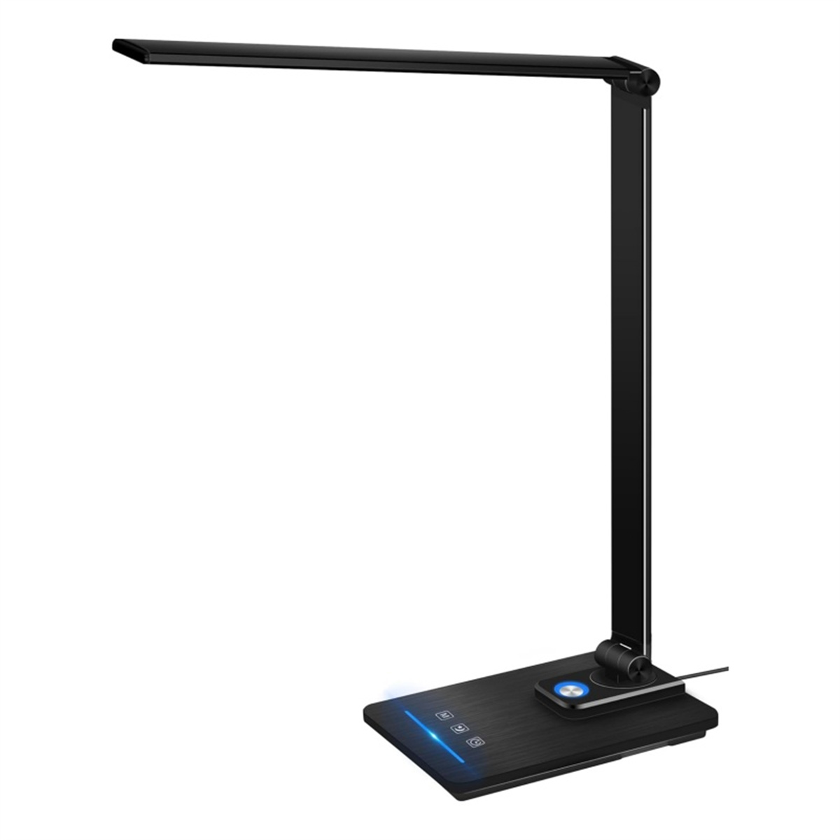 Eine schwarze Schreibtischlampe wird gezeigt. Ihr Sockel hat ein Touchpanel. Sie steht auf weißem Untergrund.