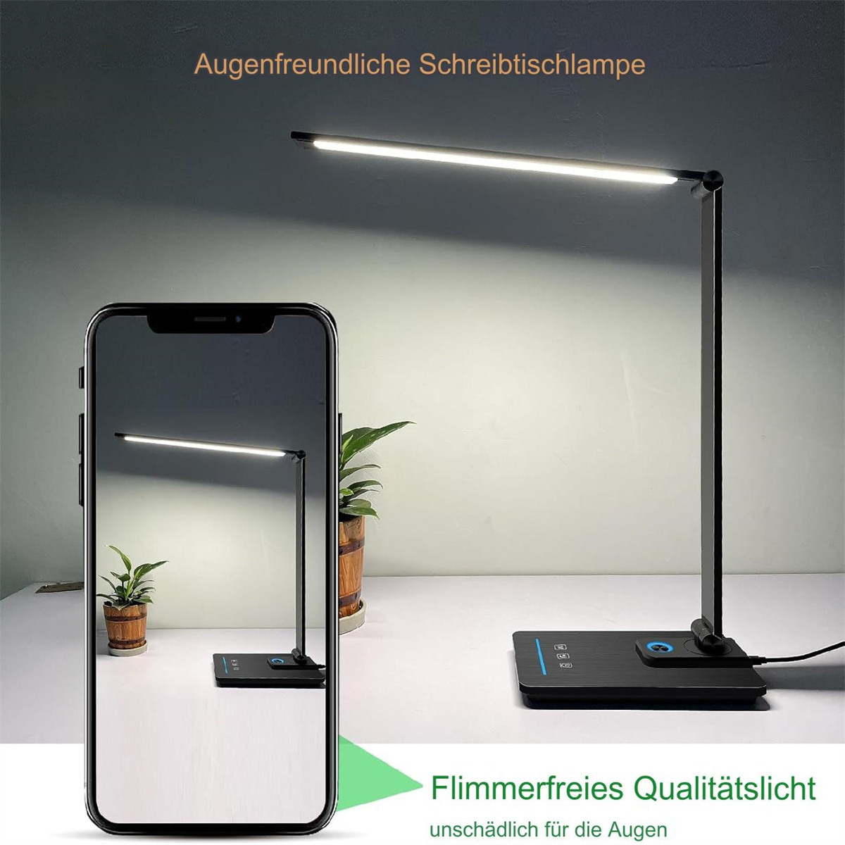 Eine Schreibtischlampe mit einem Smartphone. Die Lampe steht auf dem Schreibtisch, mit einem Telefon, das eine ähnliche Szene zeigt.
