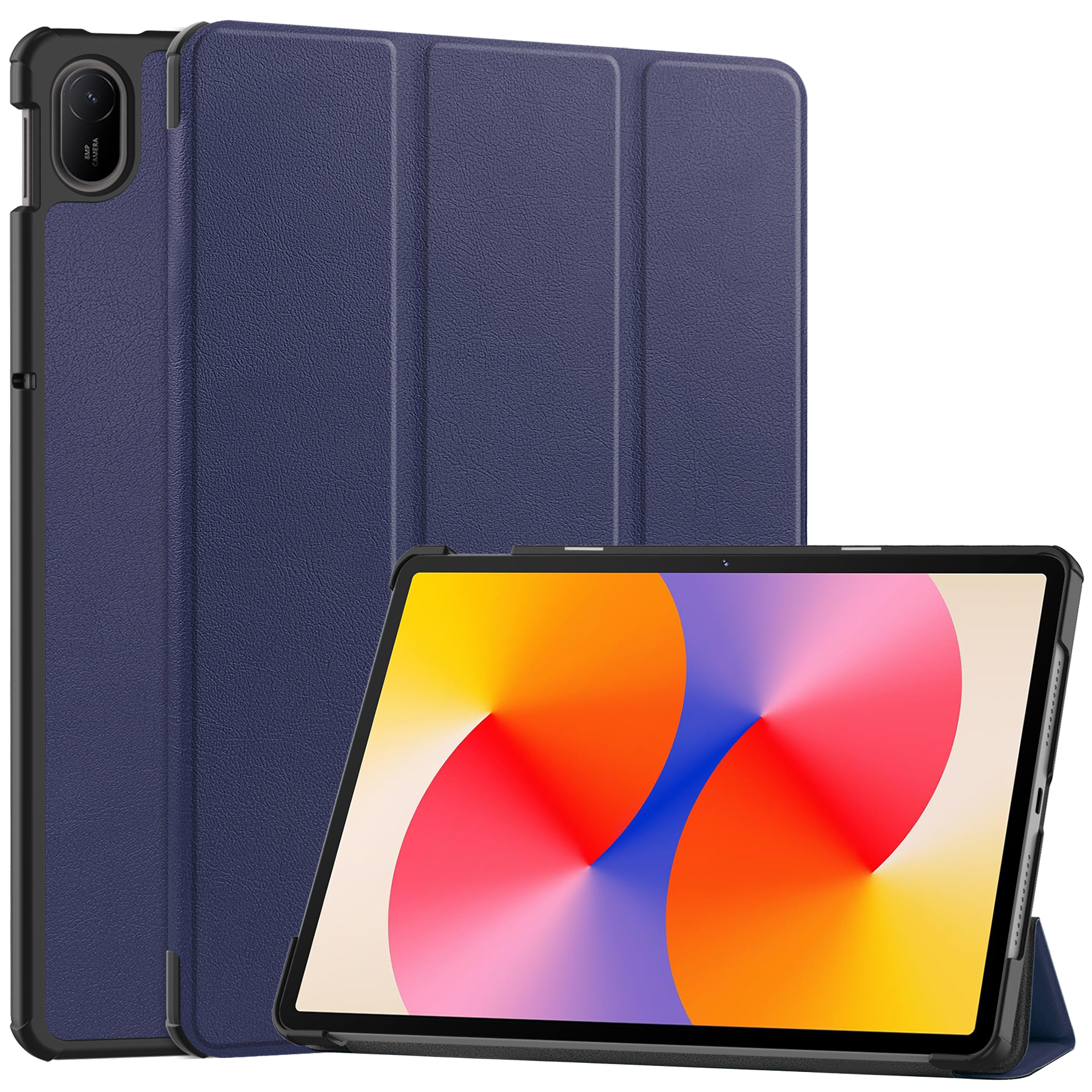 Dunkelblaue Tablet-Hülle mit Tablet, Kameralinse sichtbar.