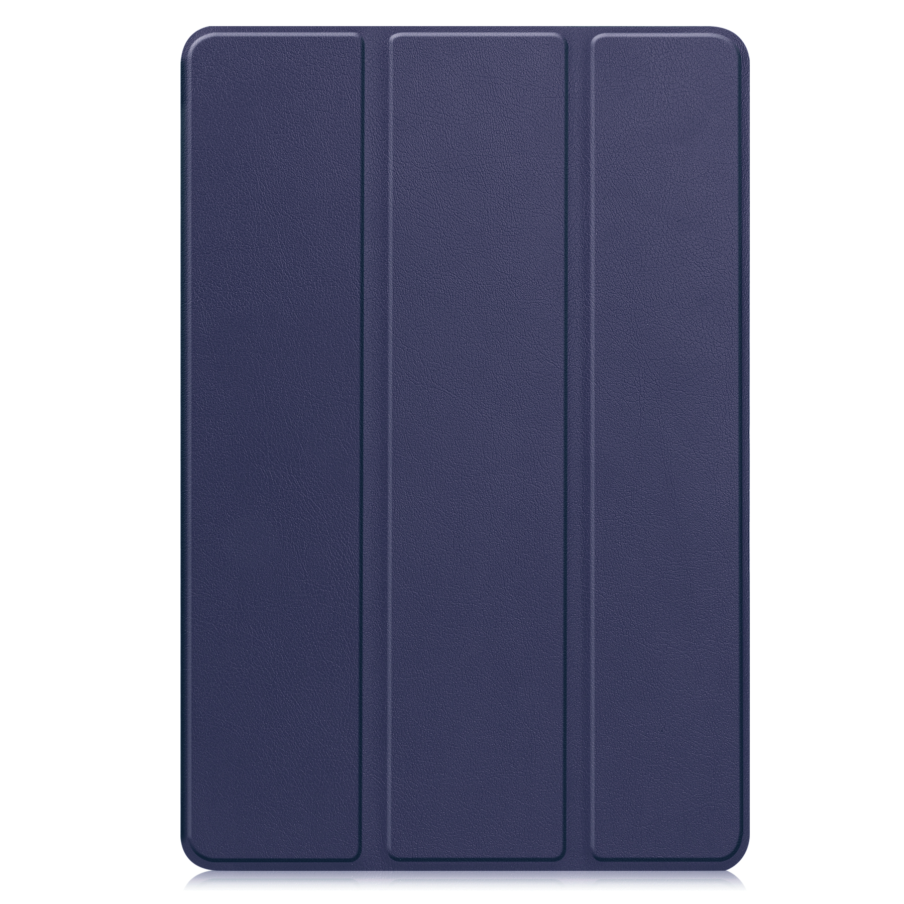 Ein geschlossenes, marineblaues Tablet-Etui mit drei Falten. Das Etui liegt auf einer weißen Oberfläche.
