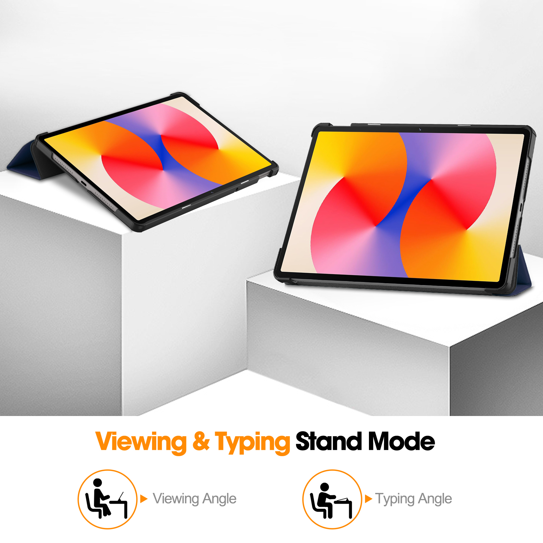 Zwei Tablets werden auf einer weißen Oberfläche gezeigt. Der Text lautet "Viewing & Typing Stand Mode".
