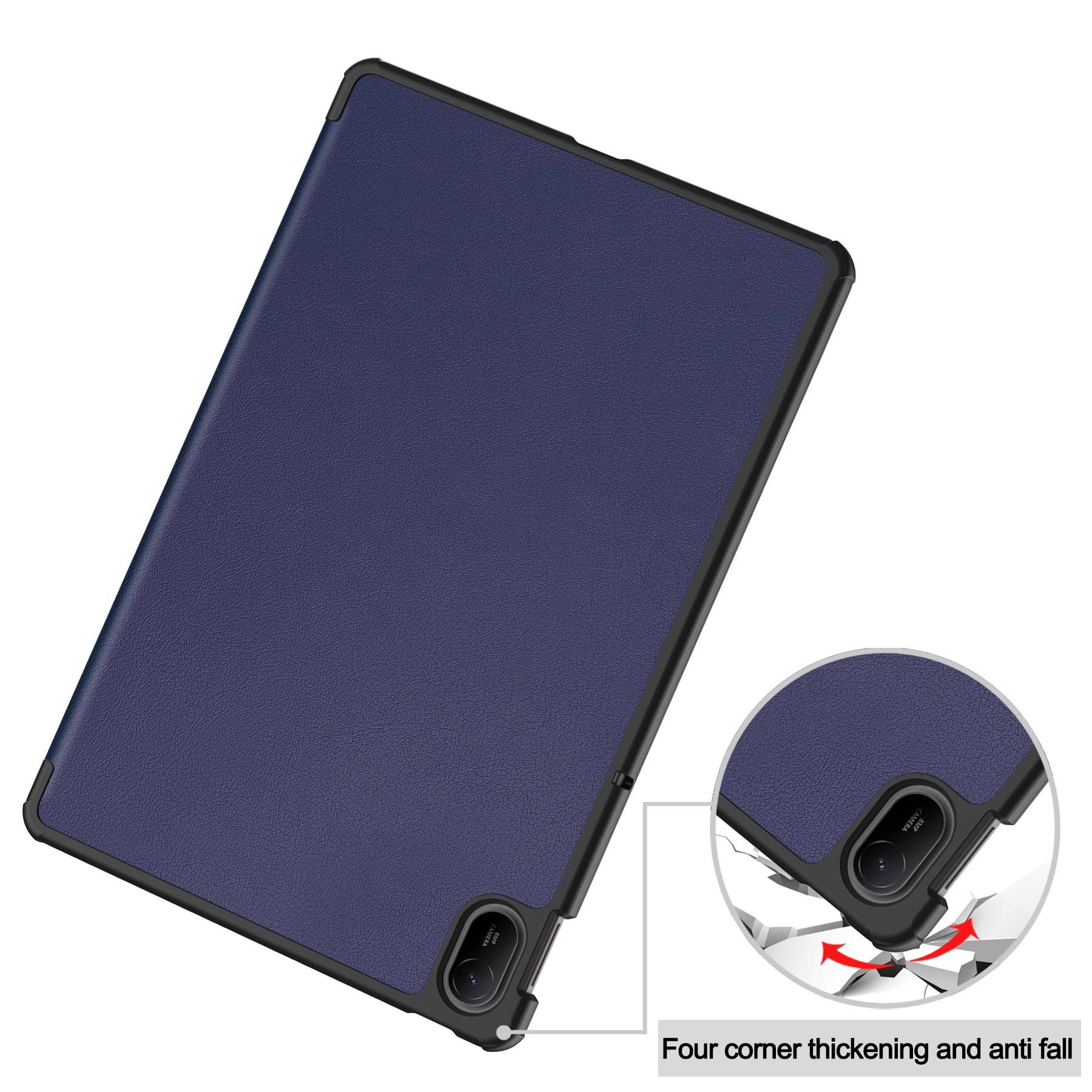 Eine blaue Tablethülle mit schwarzem Rahmen.