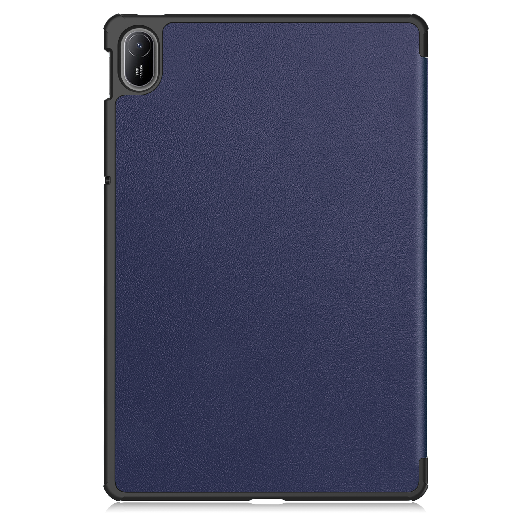 Marineblaues Tablet mit schwarzem Rahmen, Kamera oben.