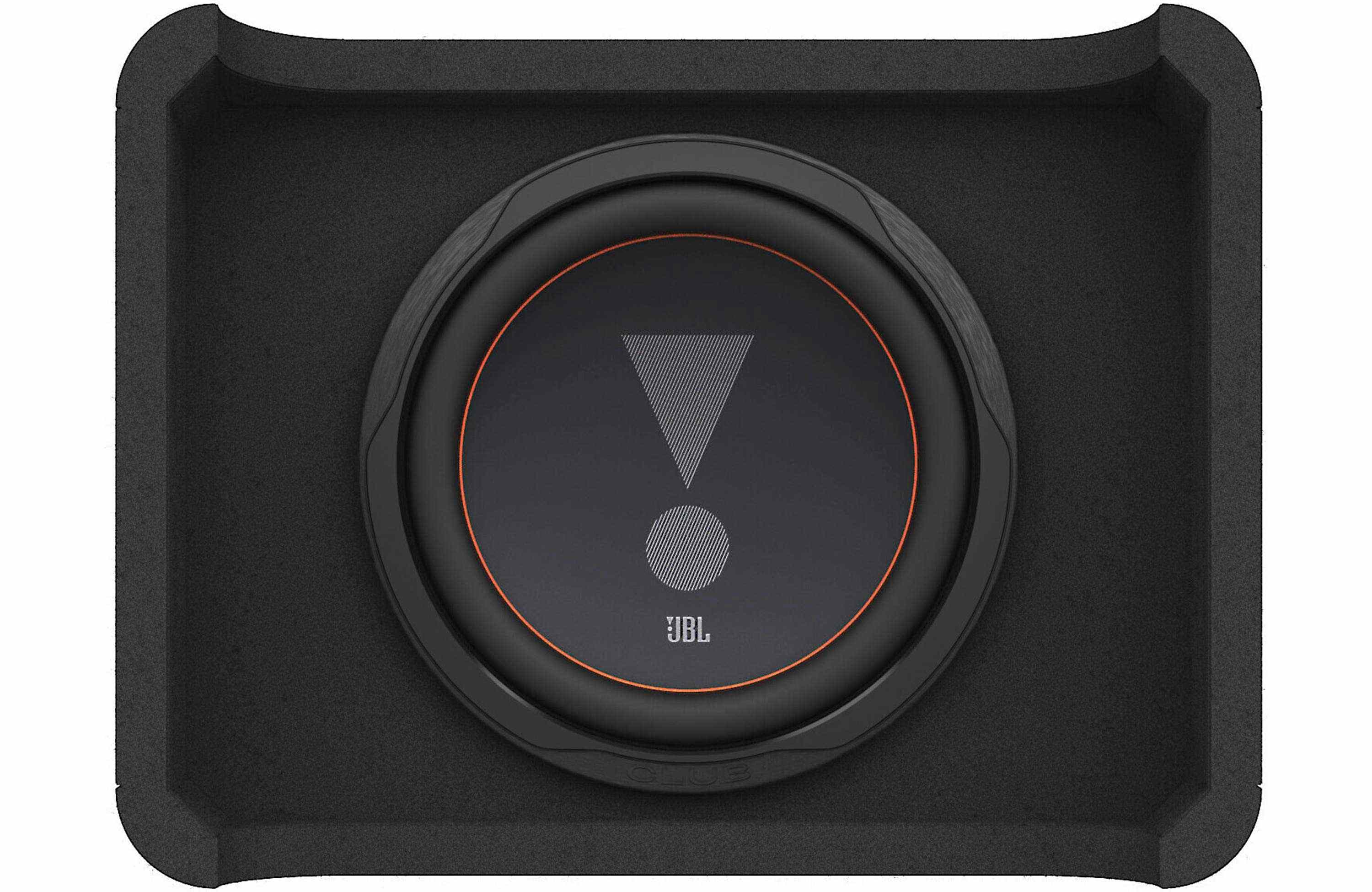 Ein schwarzer Lautsprecher mit dem JBL-Logo. Der Lautsprecher ist rechteckig mit einem schwarzen Rahmen und orangefarbenen Akzenten.
