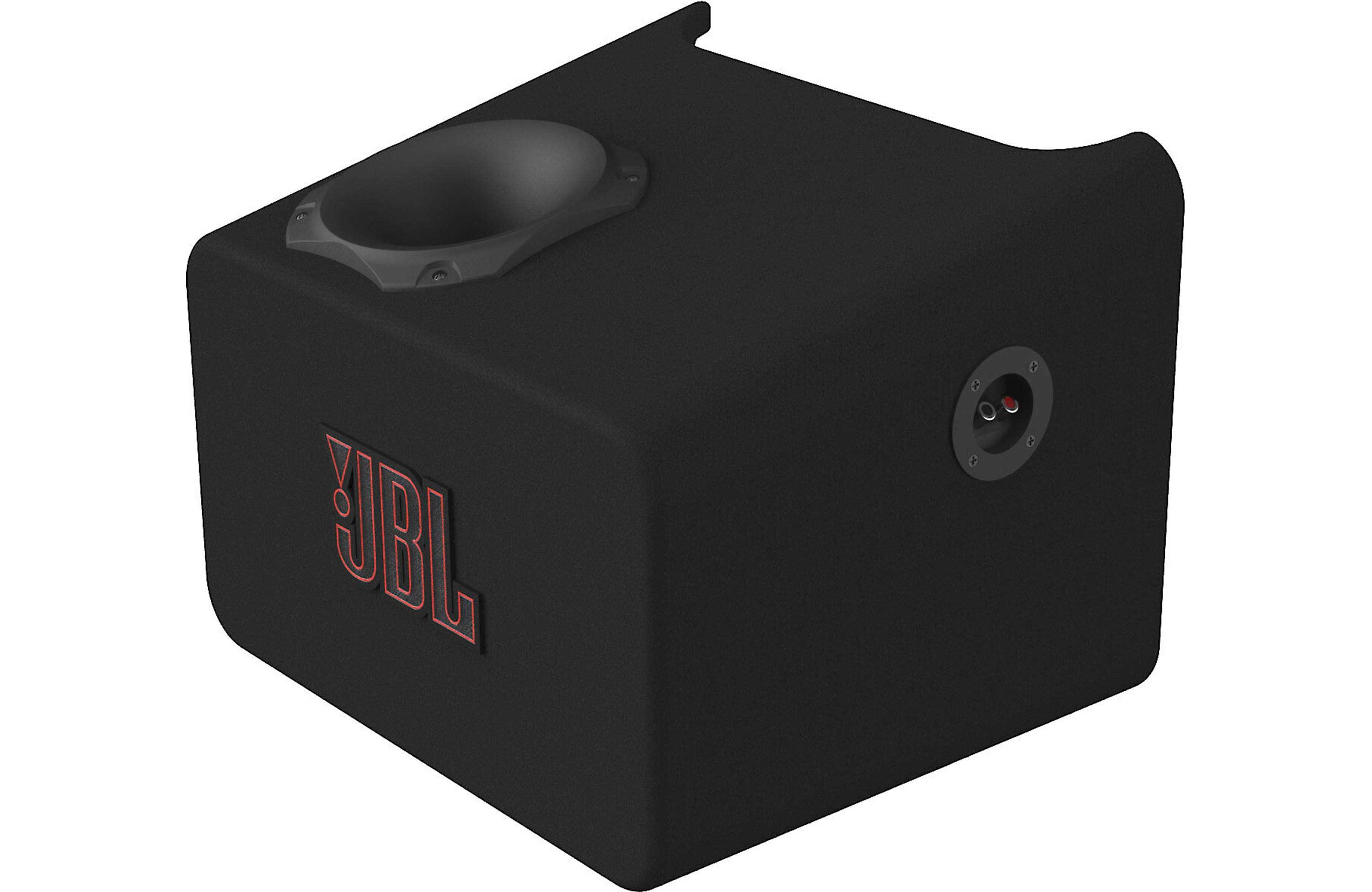 Schwarzer JBL Subwoofer. Rotes JBL-Logo auf der Vorderseite. Schräge Ansicht. Anschlüsse auf der Rückseite.