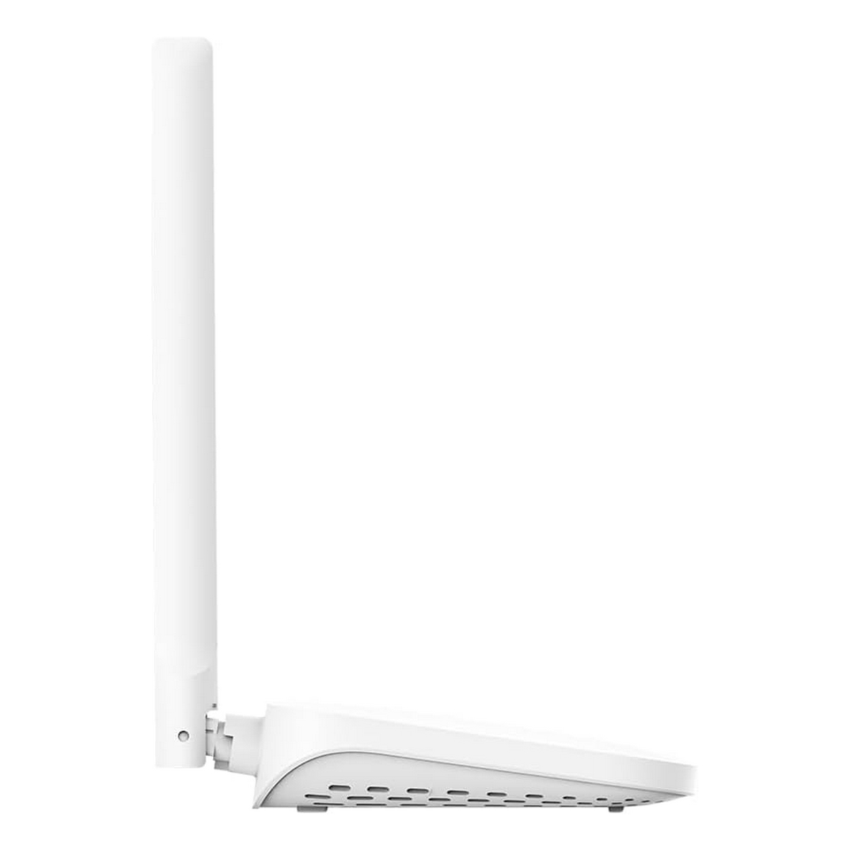 Enrutador WiFi blanco con una sola antena que se extiende hacia arriba.