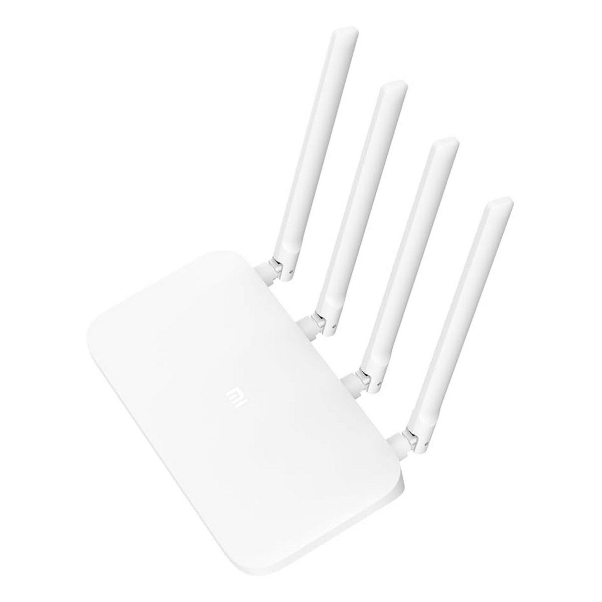 Un enrutador blanco con cuatro antenas. Está posicionado en ángulo sobre un fondo blanco.