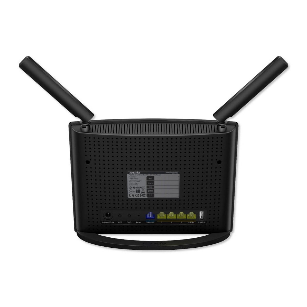 Il retro di un router Tenda nero con due antenne. Dispone di più porte e connettori.
