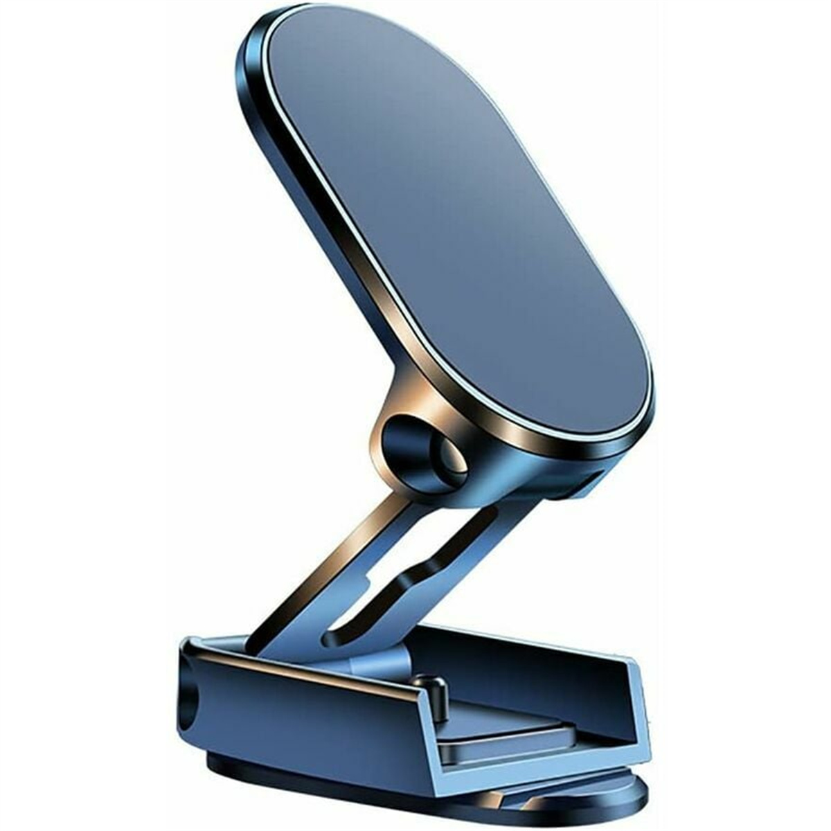 Blau-silberner Autotelefonhalter. Er hat eine Magnetoberfläche und einen verstellbaren Arm.