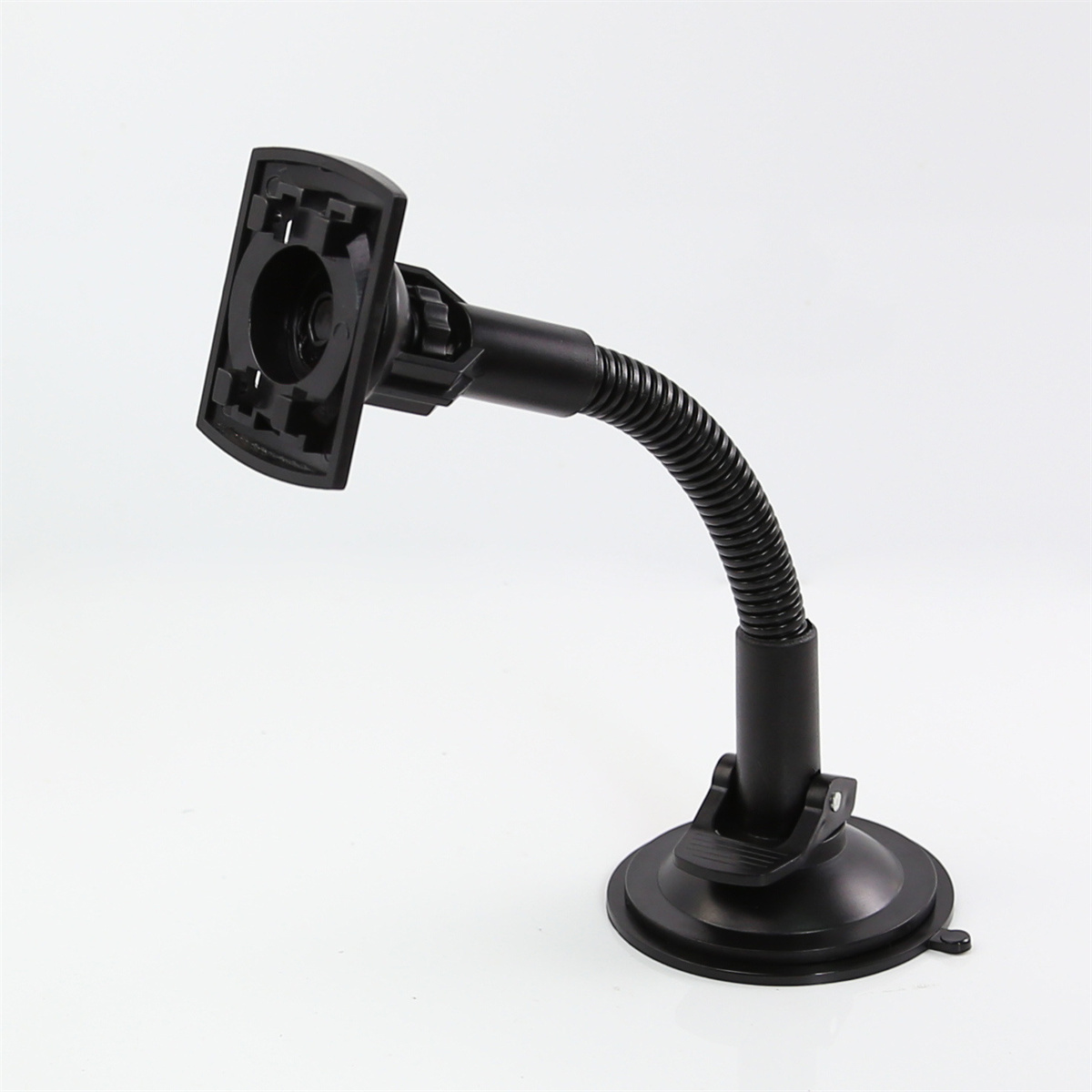 Schwarzer Autotelefonhalter auf weißem Hintergrund. Er hat einen flexiblen Hals und einen Saugnapf.