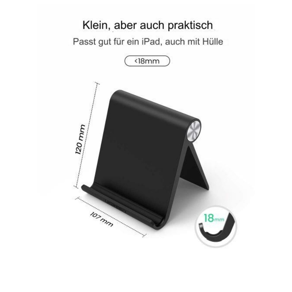 Ein schwarzer Telefonständer mit Maßangaben. Es ist klein und für ein iPad geeignet.