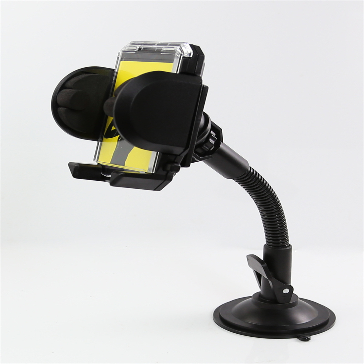Schwarzer Telefonhalter mit Saugnapf und flexiblem Arm, der ein Telefon hält.