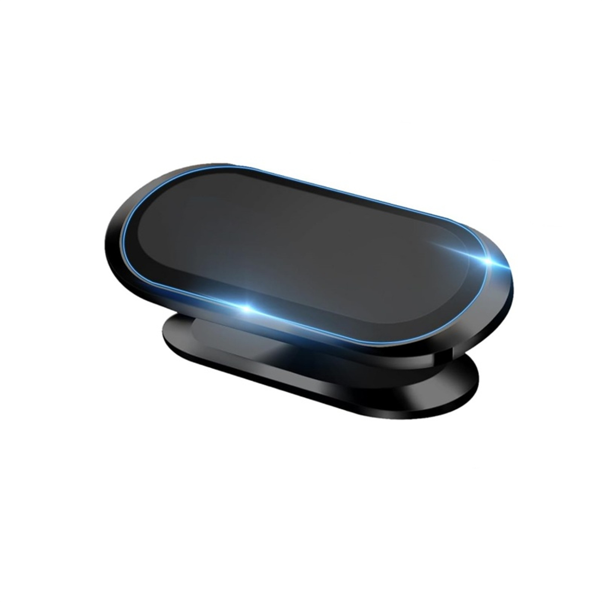 Schwarze Autotelefonhalterung. Sie ist oval mit blauem Licht. Sie ist an einer Basis befestigt.