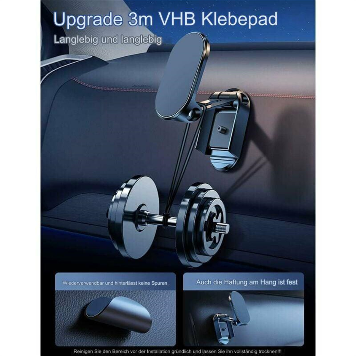 Autohalterung: schwarz, magnetisch, verstellbar. Zwei zylindrische Gewichte an einer Stange. Produktdetails in weißen Kästchen.