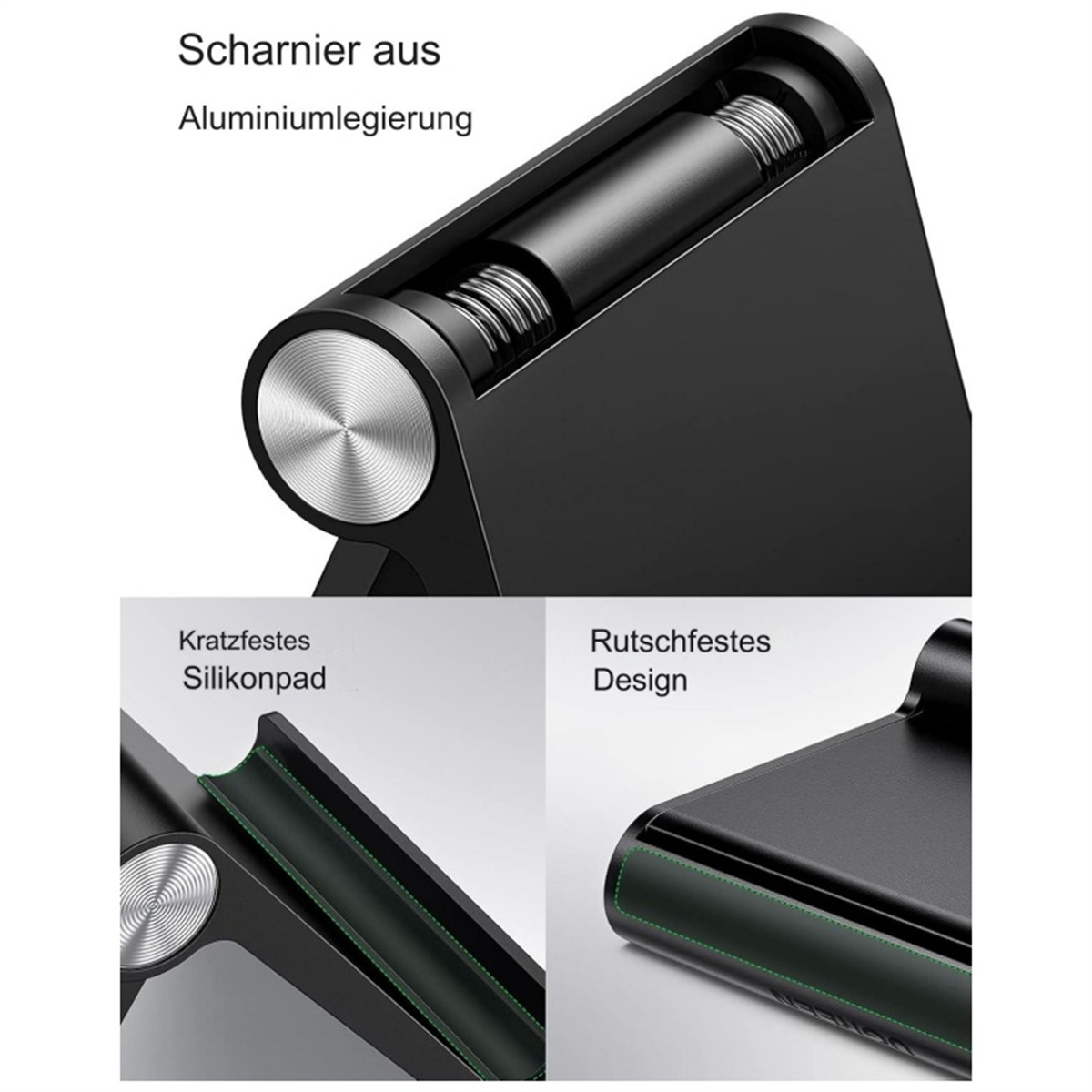 Ein schwarzer Telefonständer. Er hat ein Scharnier aus Aluminiumlegierung. Mit Silikonpad und rutschfestem Design.