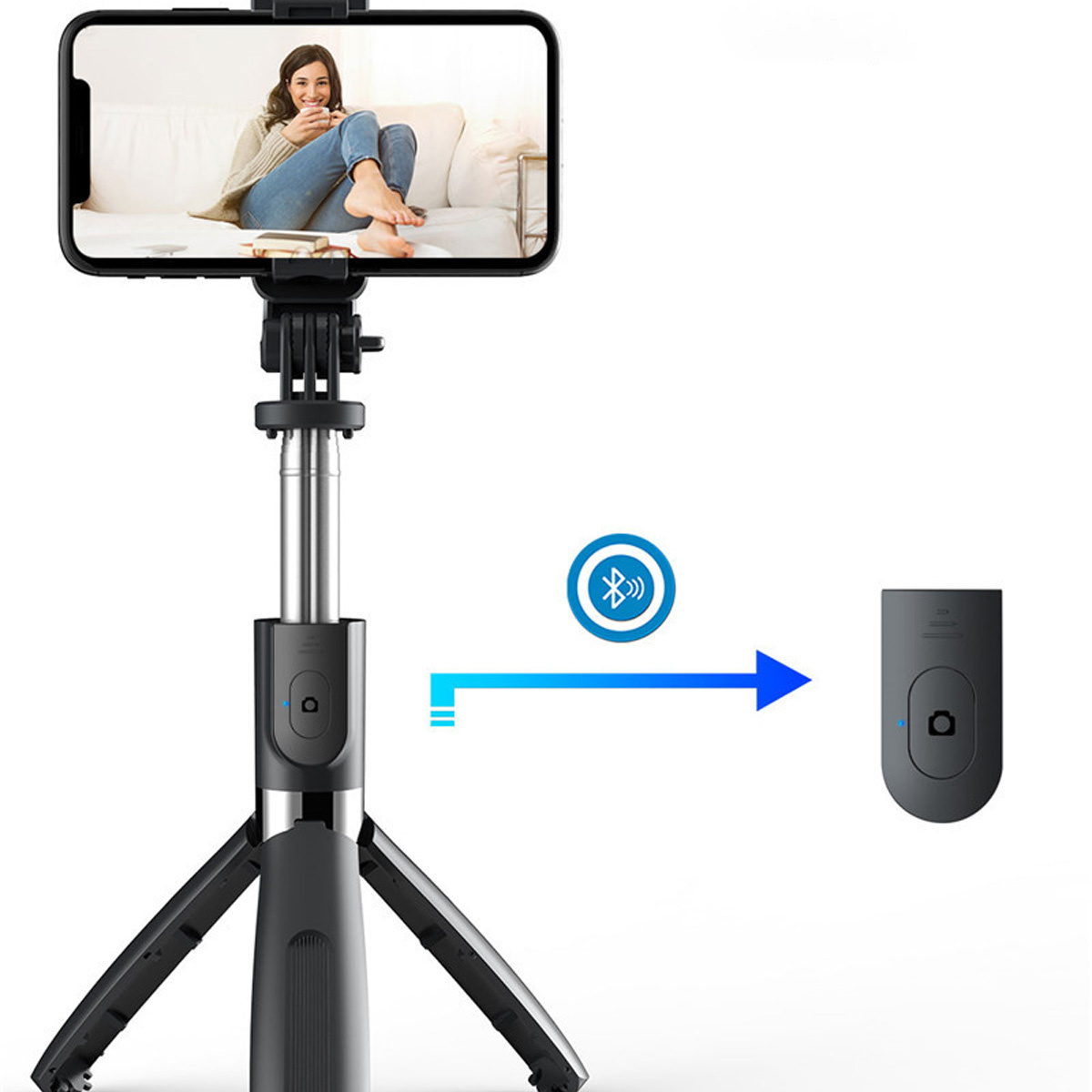 Smartphone auf einem Stativ mit Bluetooth-Fernbedienung, Selfie-Setup.