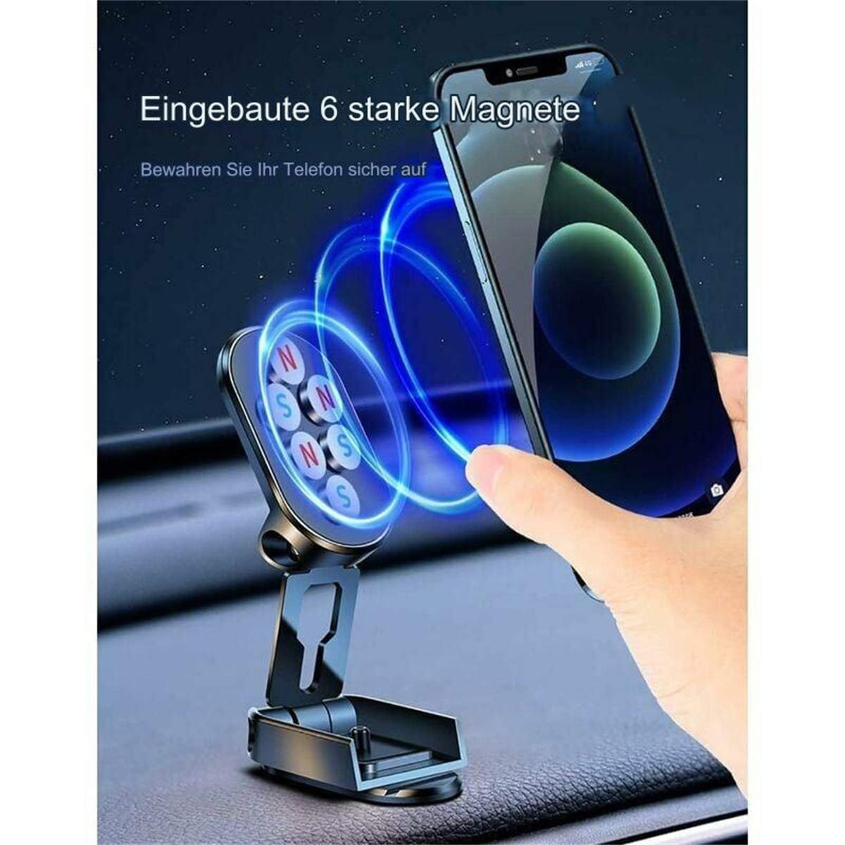 Ein Telefon wird in der Nähe einer Autohalterung mit Magneten gehalten. Auf dem Telefon wird der Startbildschirm angezeigt.