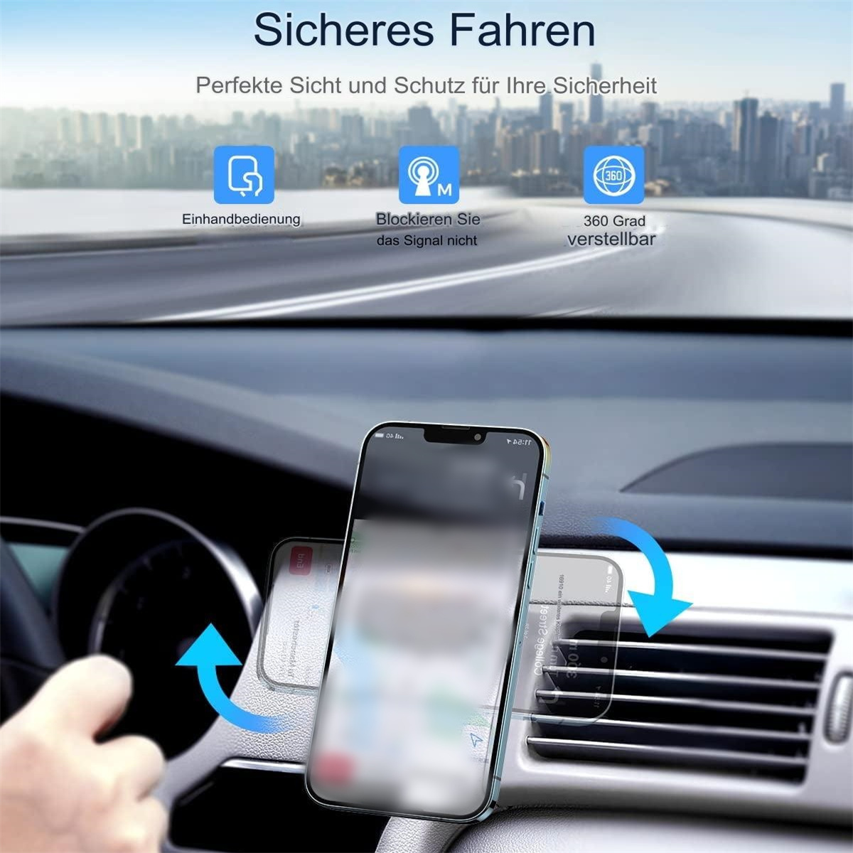 Ein Telefon ist an einer Lüftung im Auto montiert, mit Text: Sicheres Fahren.