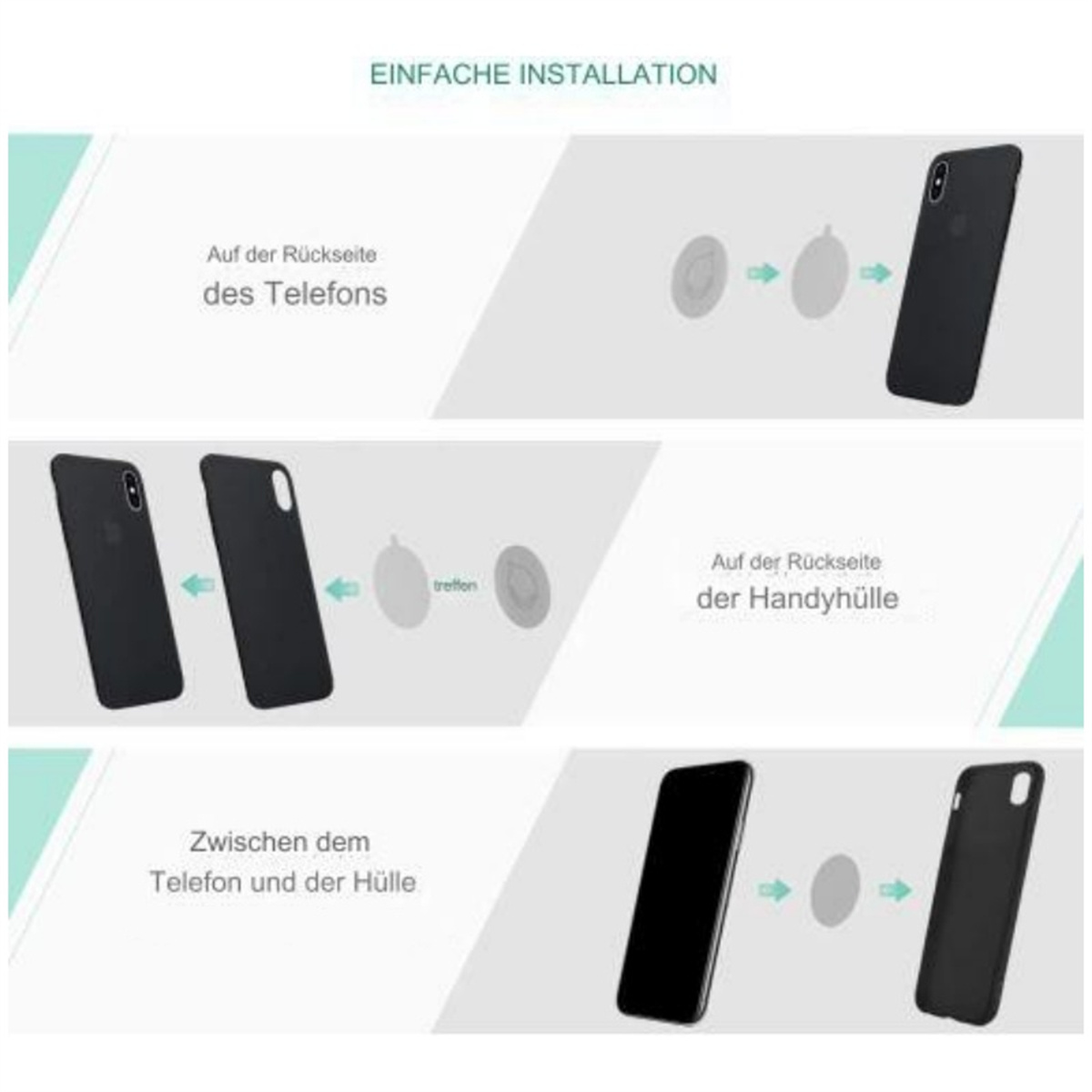 Diagramm zur Installation einer Displayschutzfolie auf der Rückseite eines Telefons und einer Hülle.