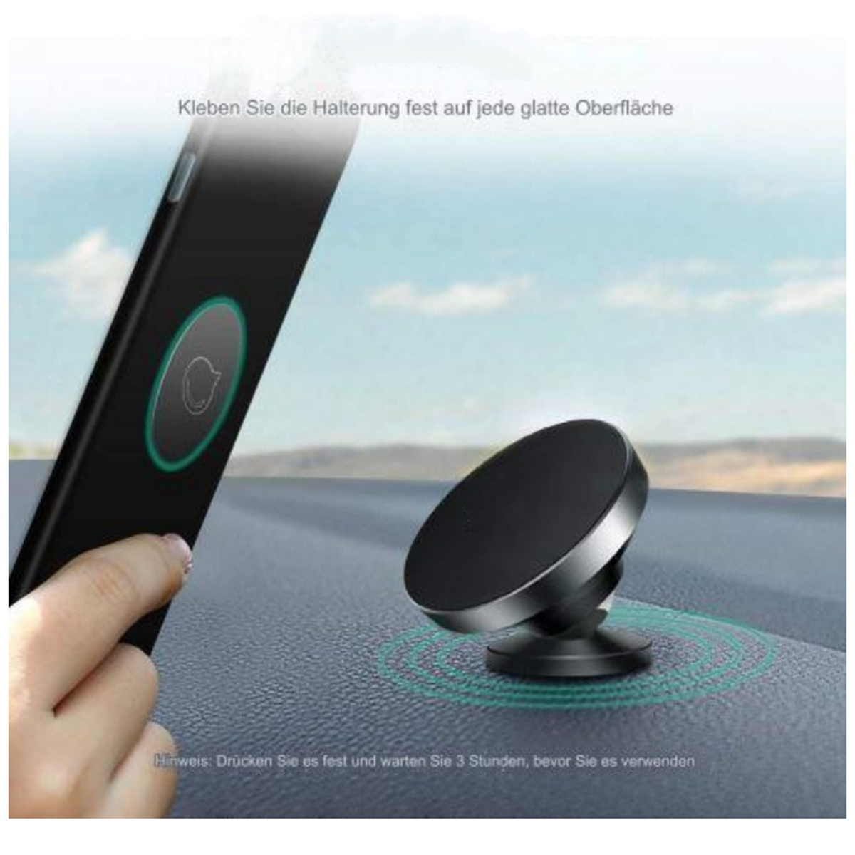 Ein Telefon neben einer magnetischen Autohalterung. Anweisungen sind auf Deutsch und ein blaues Licht geht aus.