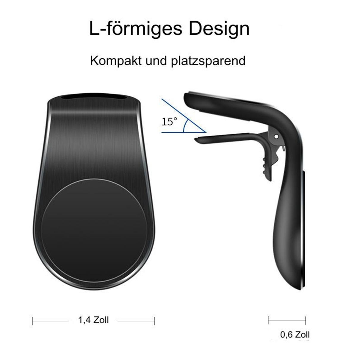 Schwarze Handy-Autohalterung mit kompaktem Design. Inkl. 15-Grad-Winkelanzeige.
