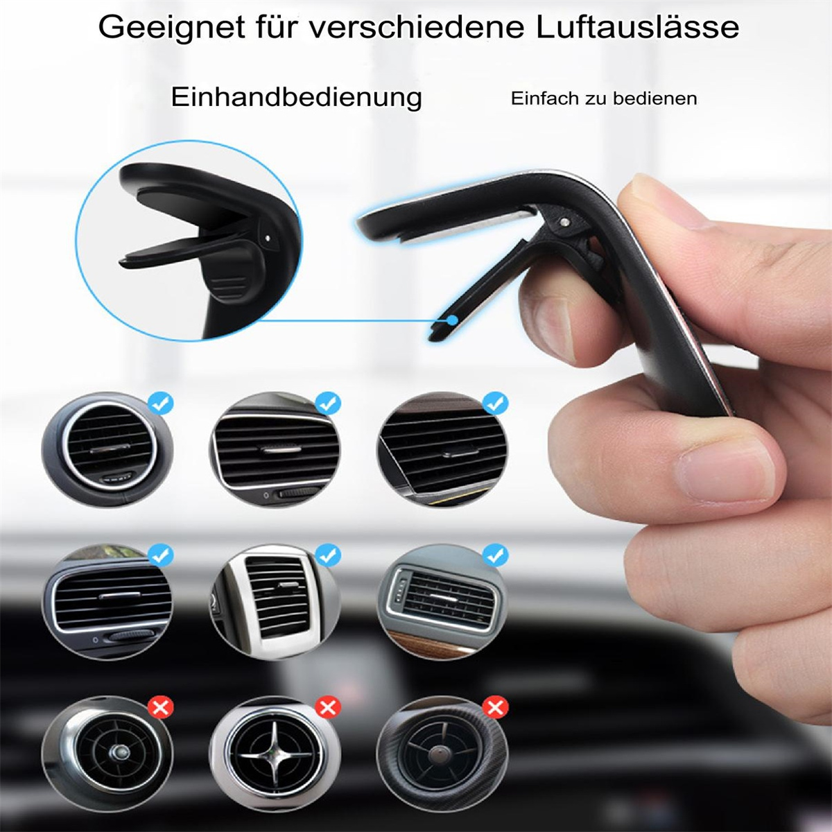 Eine Hand hält einen Auto-Lüftungsschlitz-Clip. Verschiedene Lüftungsdesigns werden gezeigt.