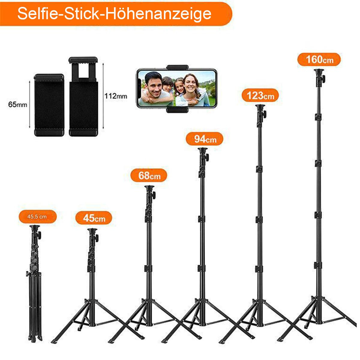 Selfie-Stick mit verschiedenen Höhen. Ein Telefon zeigt eine Familie. Ständer und Telefonhalter.