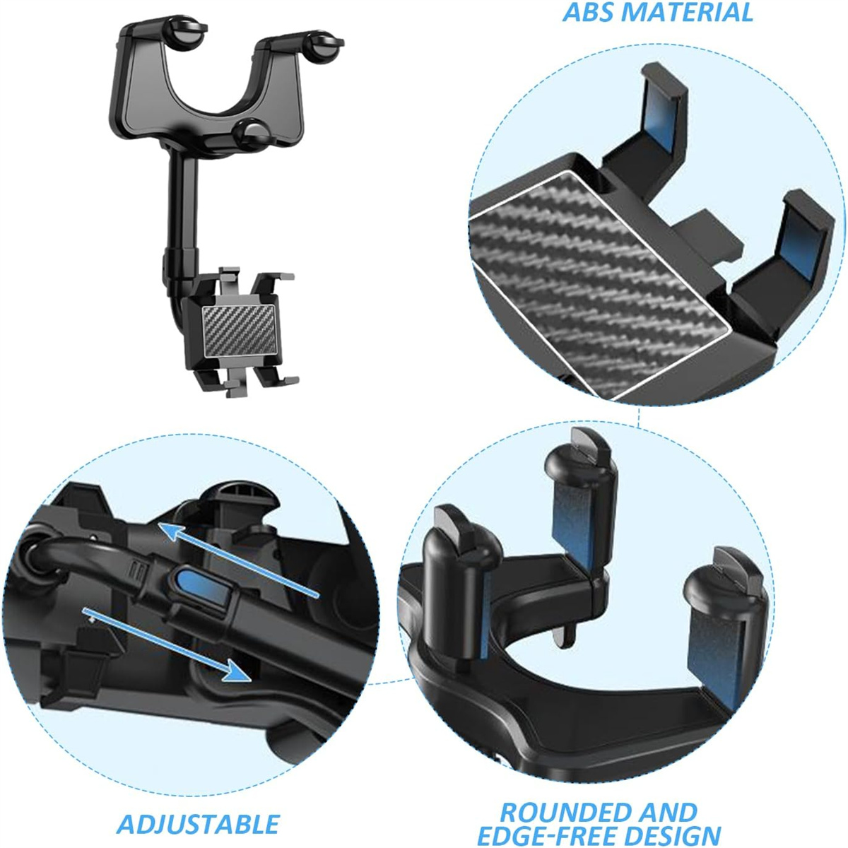 Eine Autotelefonhalterung mit detaillierten Nahaufnahmen. Sie ist schwarz und besteht aus ABS-Material und ist verstellbar.