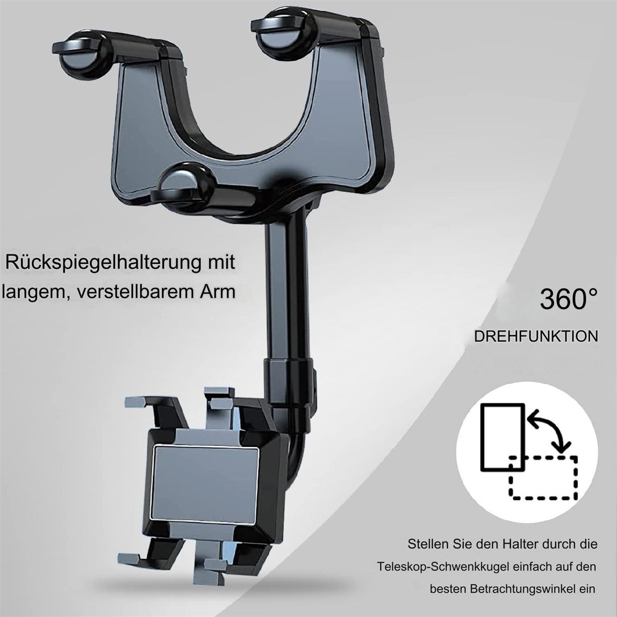 Auto-Telefonhalterung mit langem, verstellbarem Arm. Es hat eine 360-Grad-Drehfunktion.