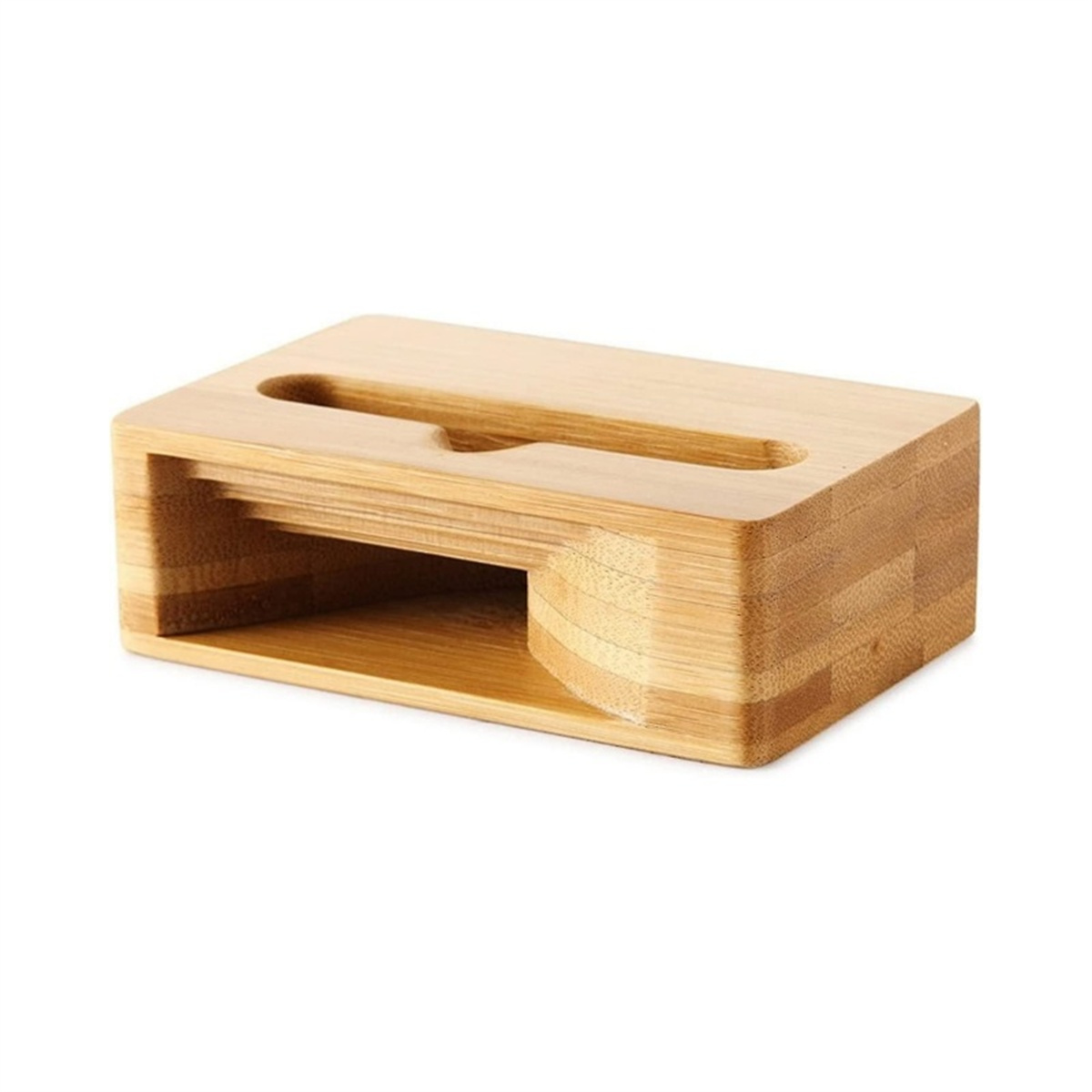 Lautsprecherständer aus Holz, rechteckige Form mit Schlitz und Loch für Kabel.