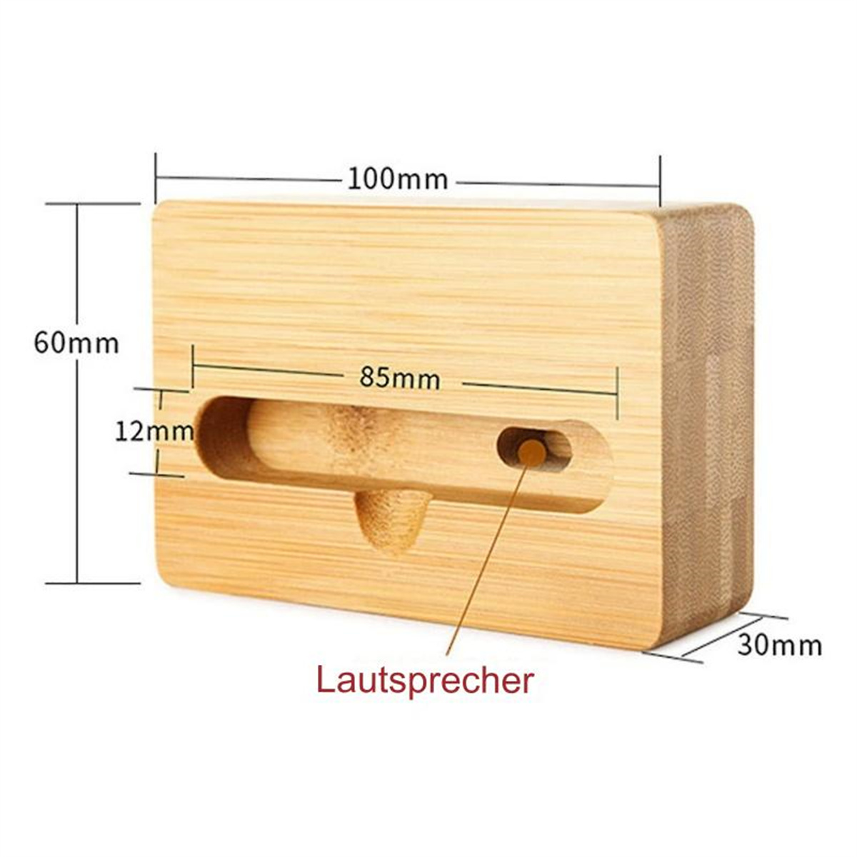 Ein heller Holz-Telefonständer mit beschrifteten Abmessungen. Ein Loch für das Telefon und ein kleines Lautsprecherloch sind vorhanden.