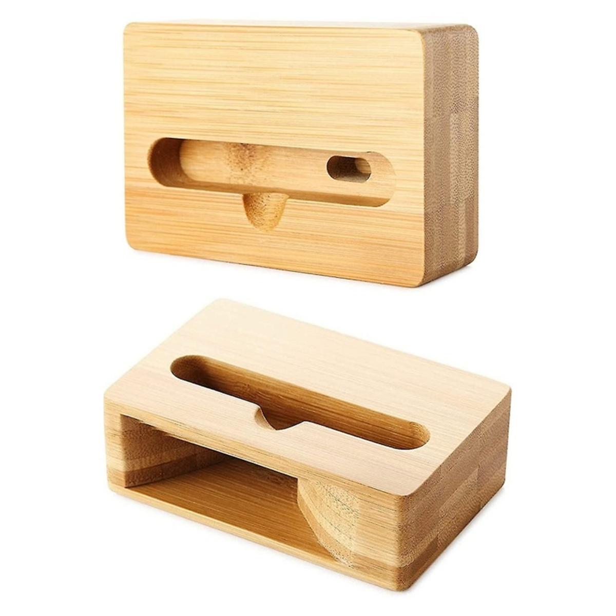 Zwei Telefonständer aus Holz, hellbraune Farbe. Einer ist aufrecht, der andere geneigt.