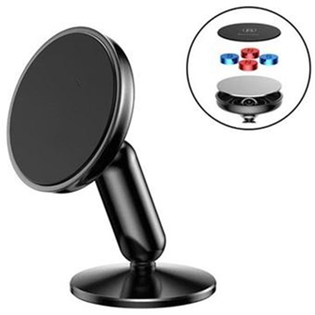 Schwarzer magnetischer Autotelefonhalter mit Komponenten, vor weißem Hintergrund.