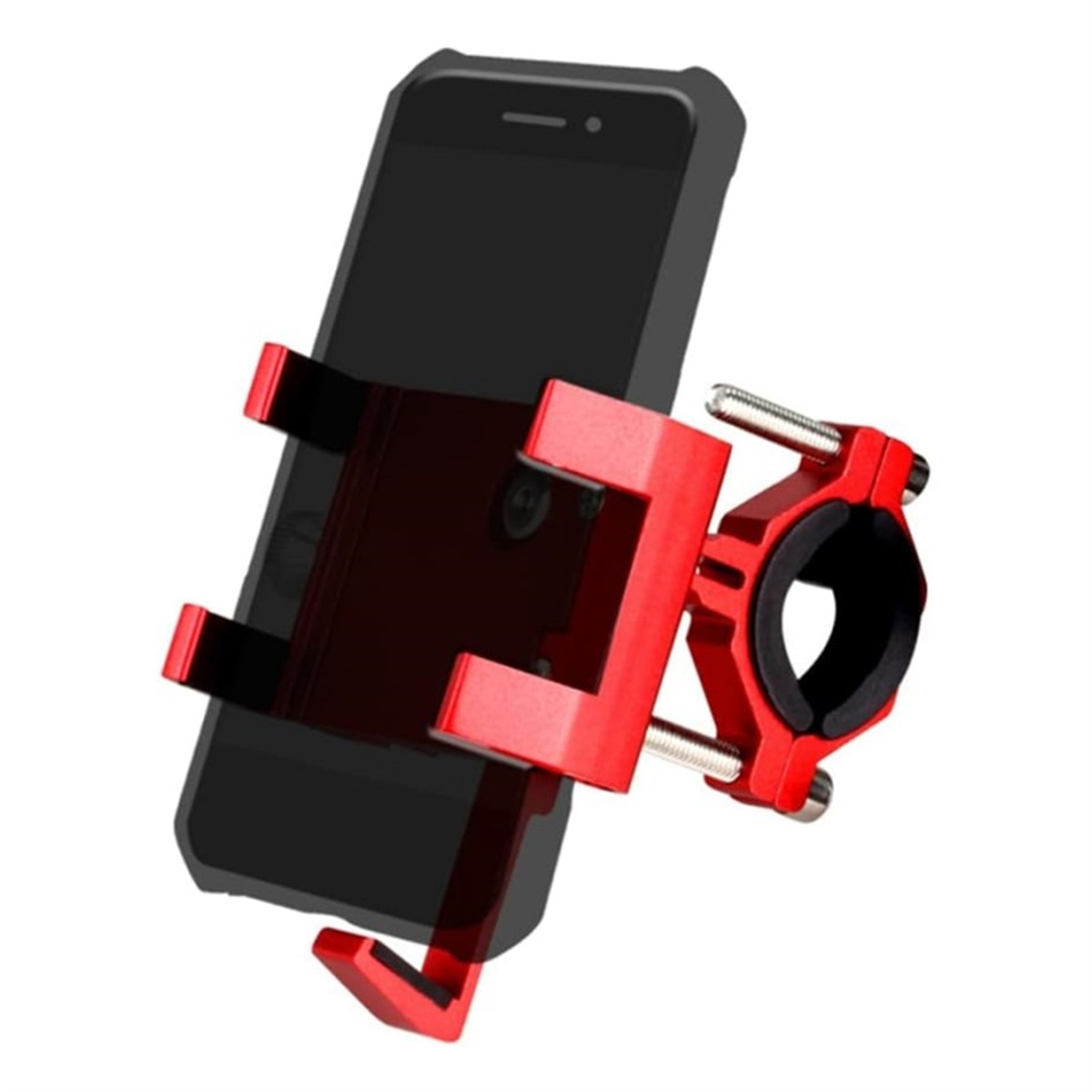 Roter Telefonhalter für ein Fahrrad, der ein schwarzes Smartphone hält. Weißer Hintergrund.