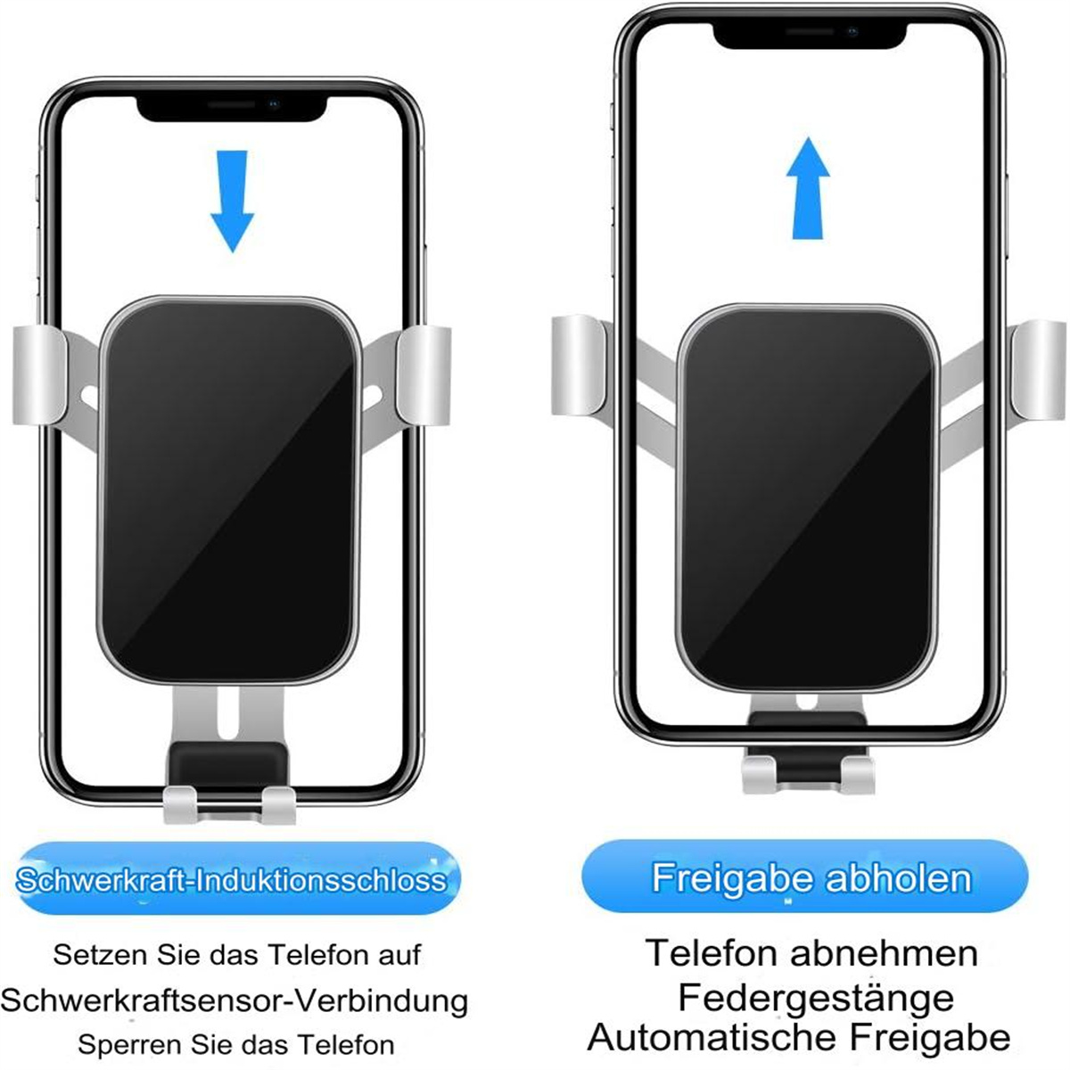 Zwei Telefone mit Autotelefonhaltern. Eines zeigt das Einsetzen des Telefons, das andere das Herausnehmen.