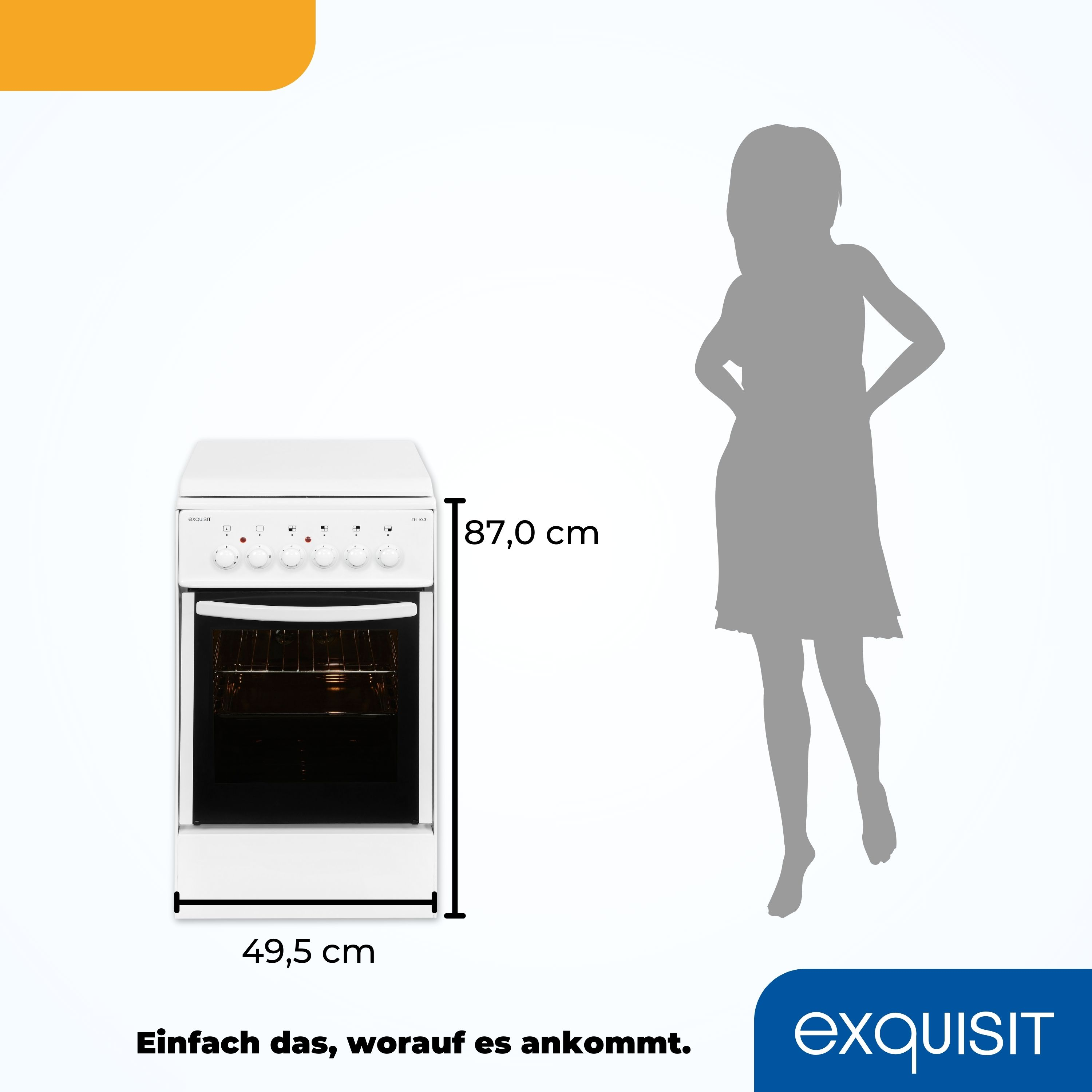 Weißer Herd mit Ofen und Frauensilhouette daneben. Text: Einfach das, worauf es ankommt.