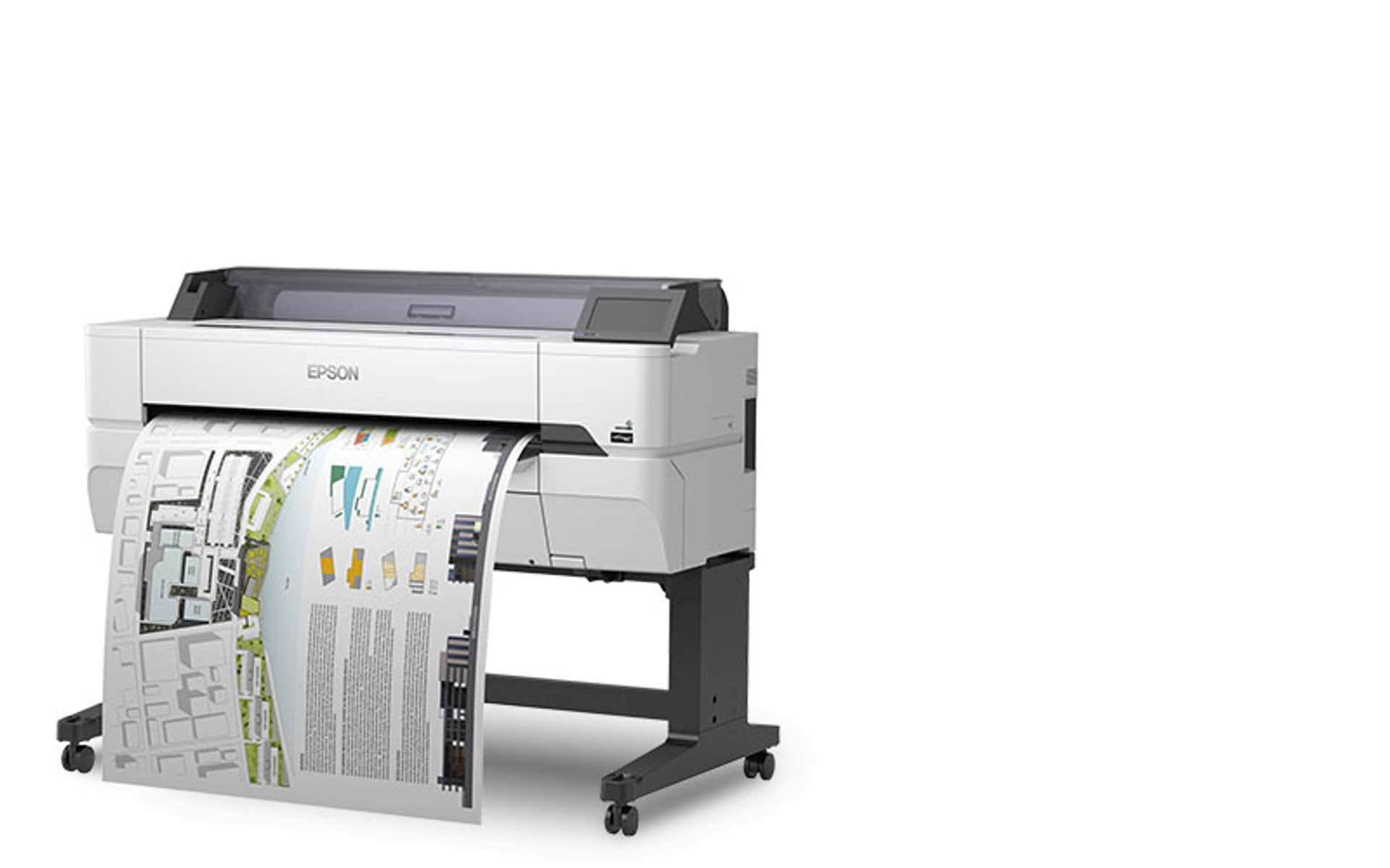 Weißer Epson-Drucker druckt einen großen Architekturplan, weißer Hintergrund.