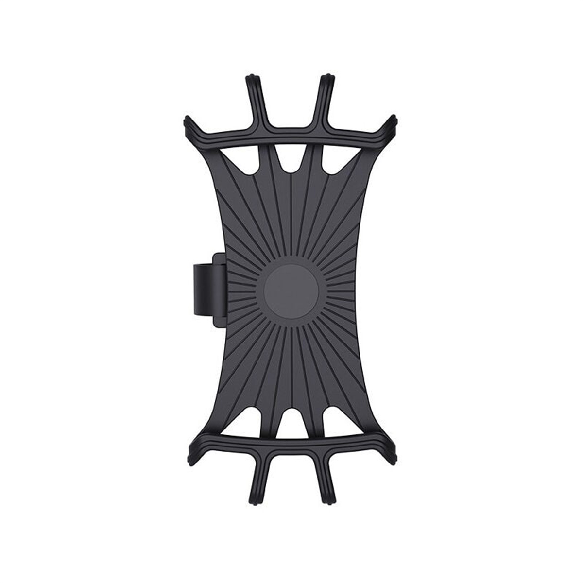 Schwarzer Telefonhalter für ein Auto. Er hat eine kreisförmige Basis mit Sonnenstrahlendesign. Weißer Hintergrund.