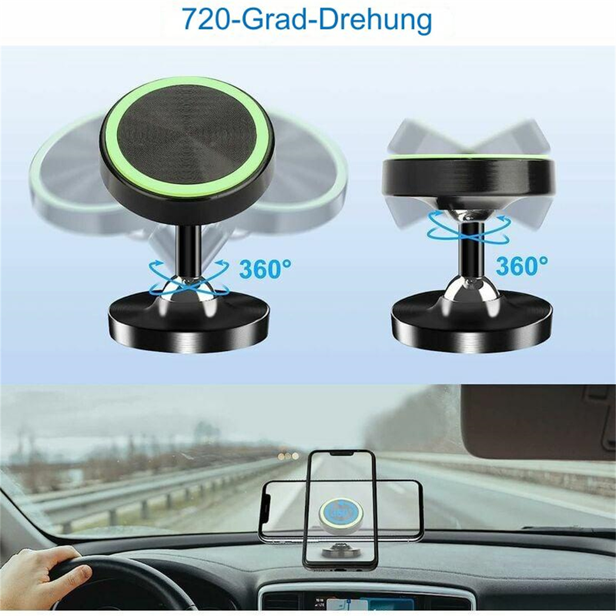 Telefonhalter im Auto, mit 360-Grad-Drehung, auf weißem Grund.