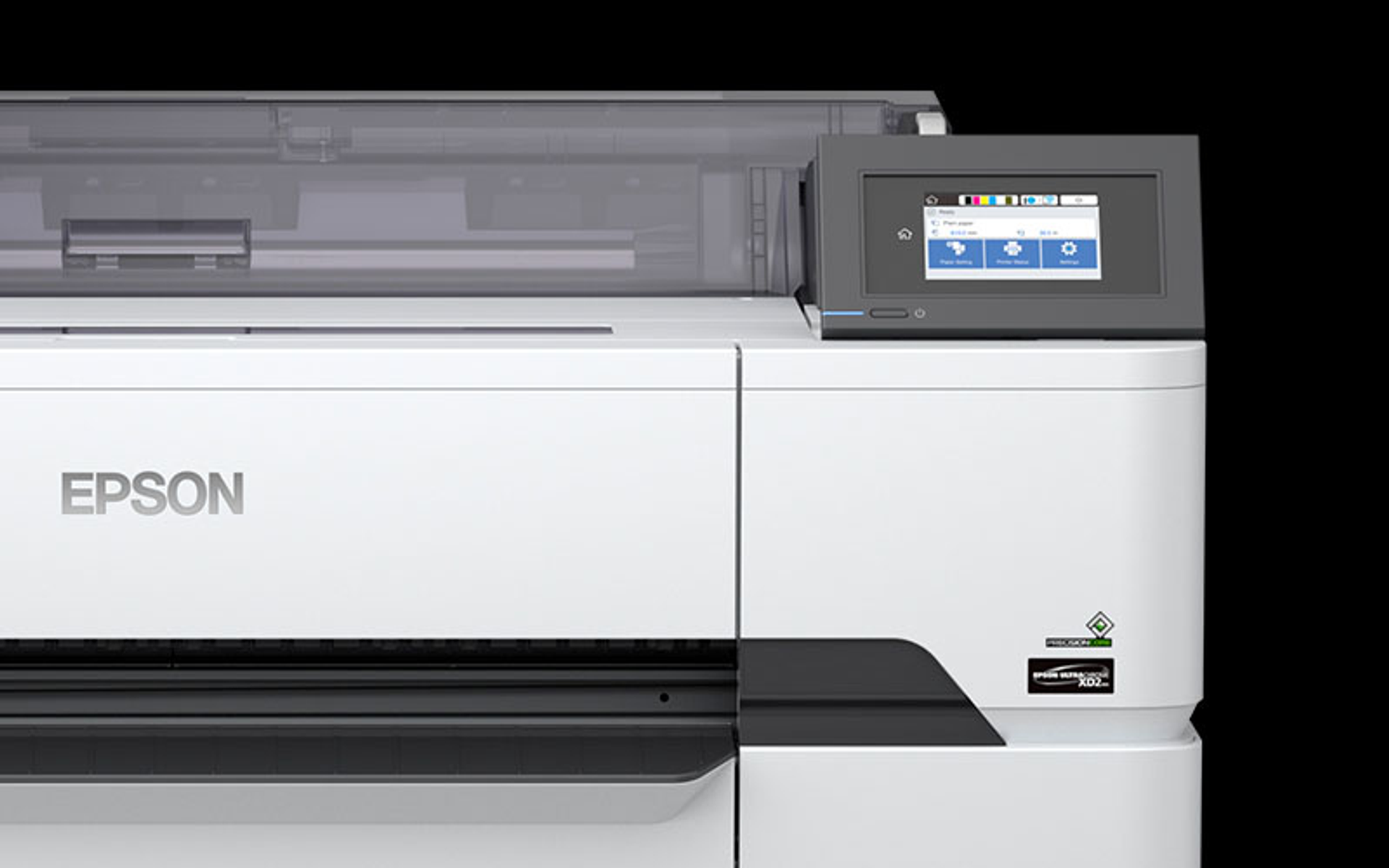 Nahaufnahme eines weißen Epson-Druckers mit Bedienfeld. Schwarzer Hintergrund.